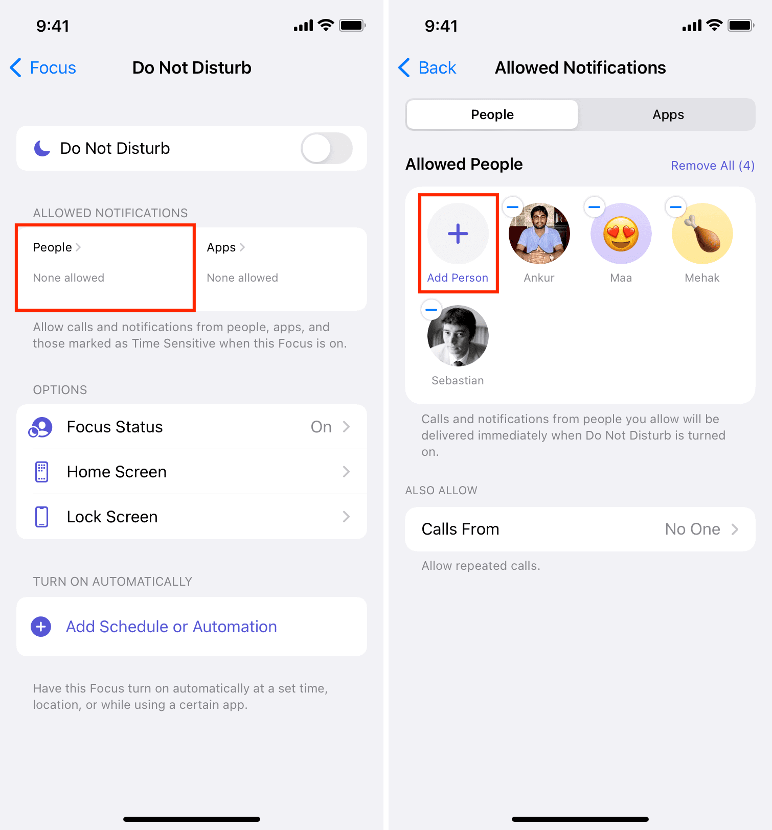 Allowed notifications for specific people in Do Not Disturb settings on iPhone