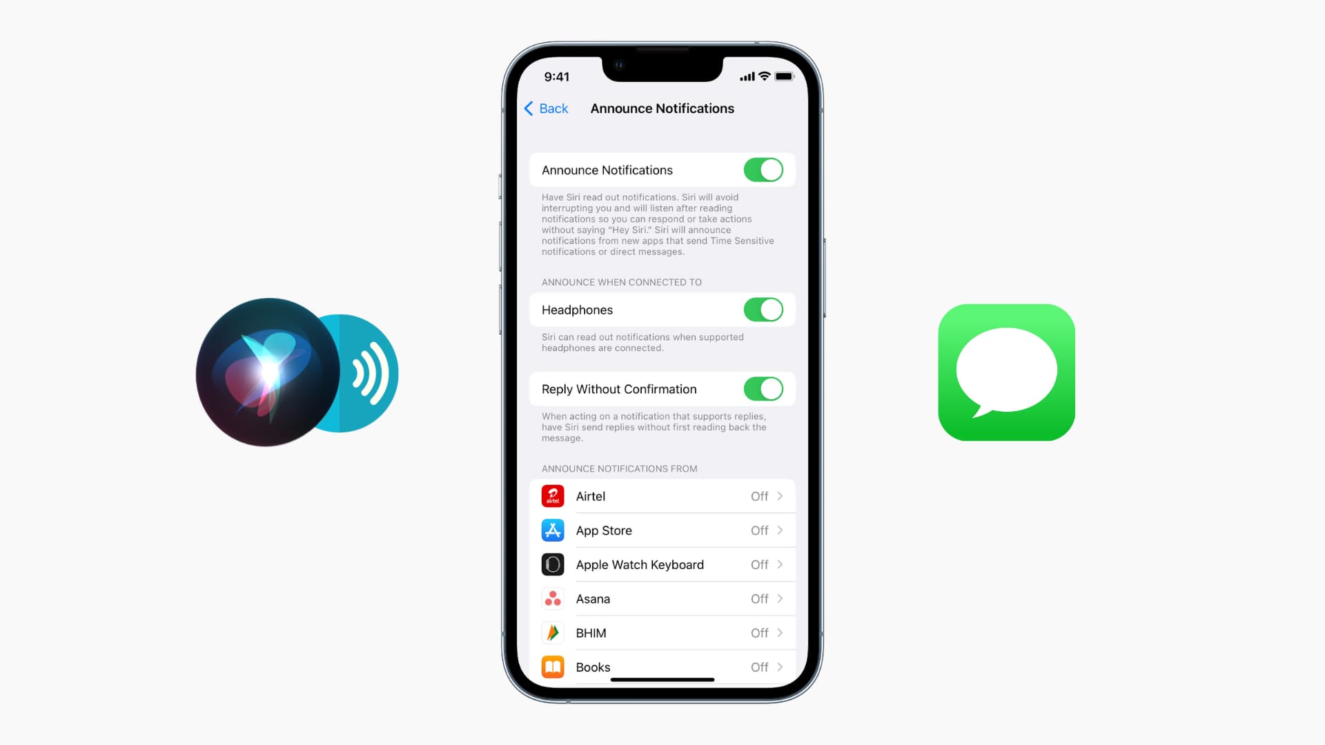 Turn off Announce Notifications and messages on iPhone