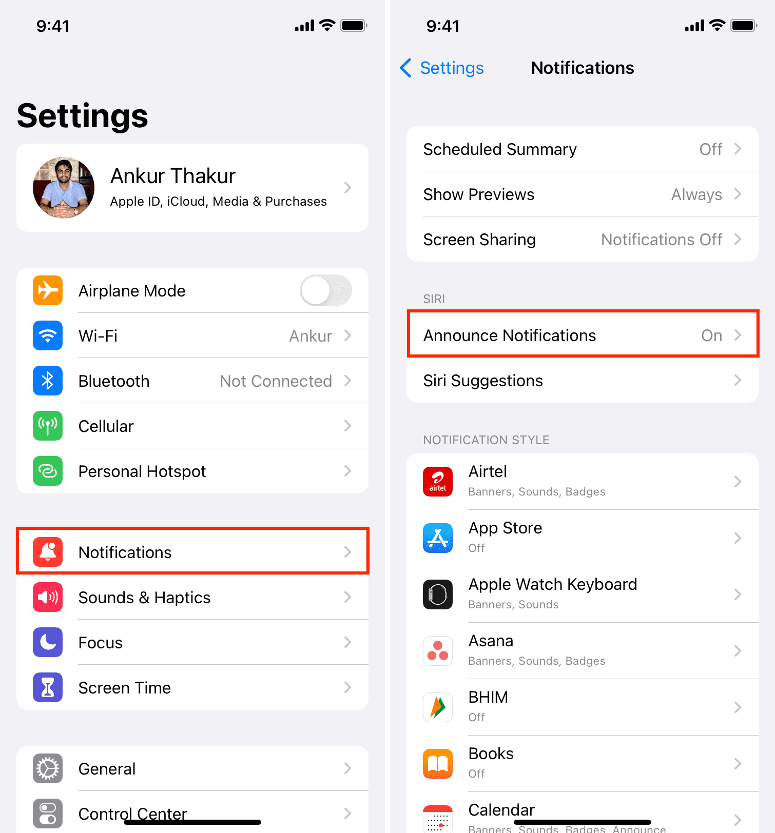 Announce Notifications in iPhone Settings