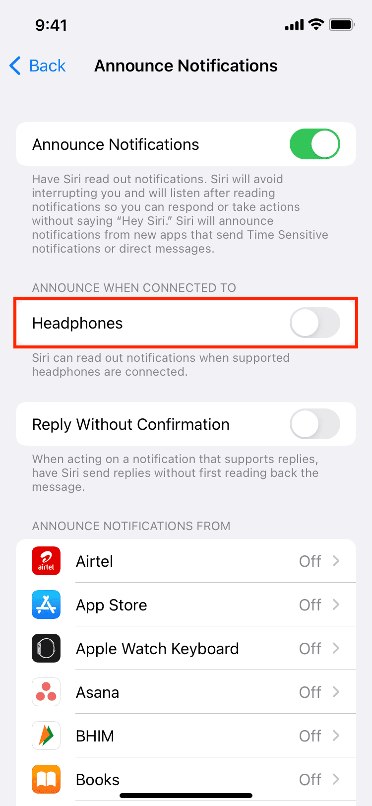 Announce Notifications turned off for Headphones on iPhone