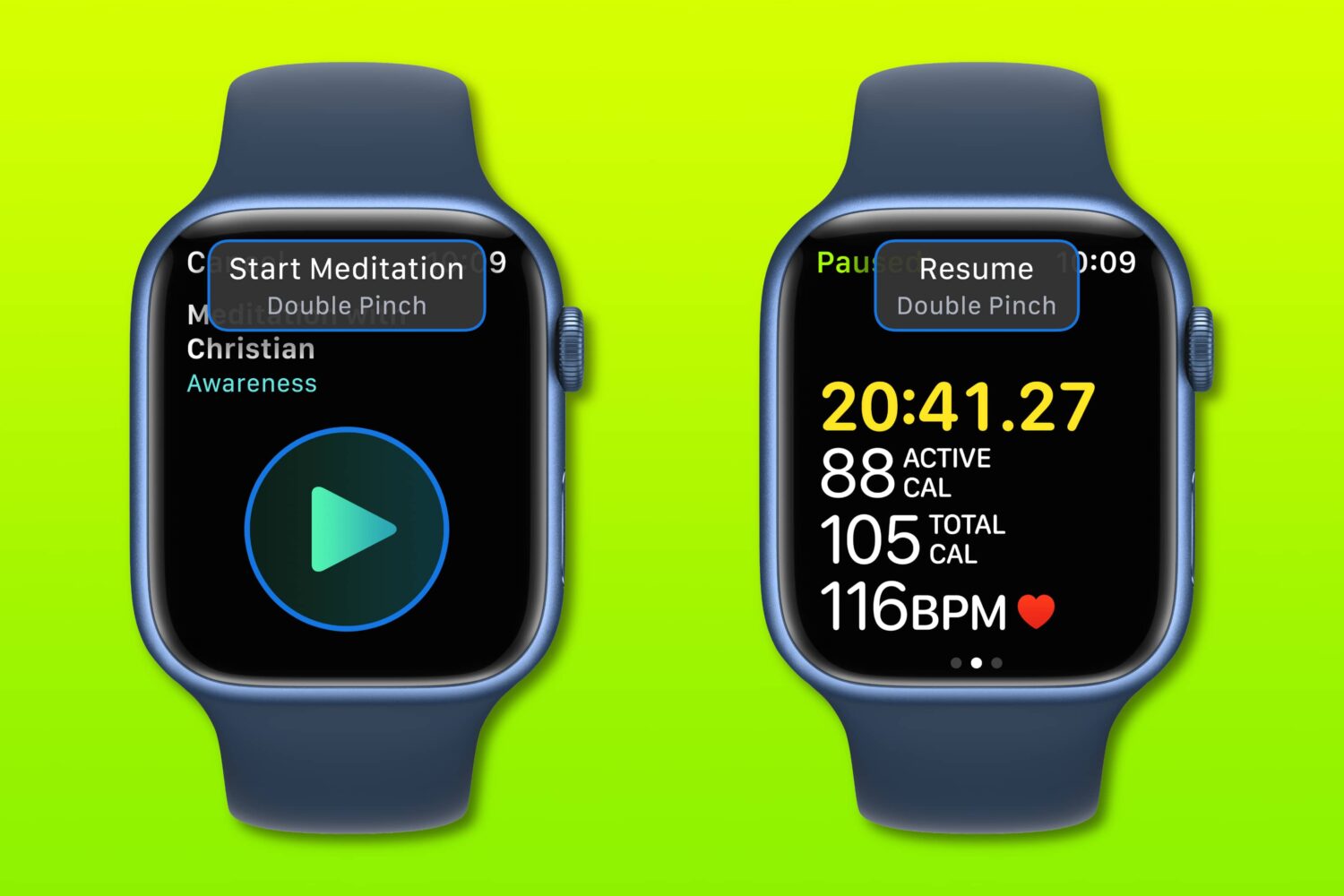 Two Apple Watch device screenshots showcasing the new AssistiveTouch gestures coming with watchOS 9, including pinching twice to start, pause or resume a workout in the Workout app or a breathe session in the Mindfulness app