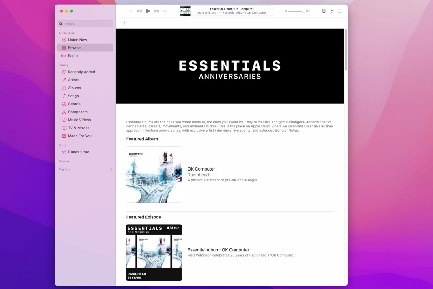 The Essential Anniversaries list that showcases classic albums is shown in this screenshot taken from Apple's Music app on macOS