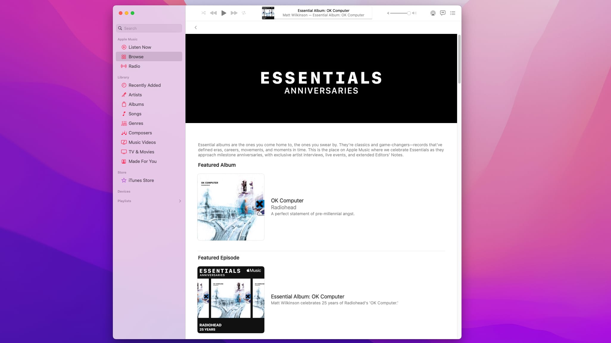 The Essential Anniversaries list that showcases classic albums is shown in this screenshot taken from Apple's Music app on macOS