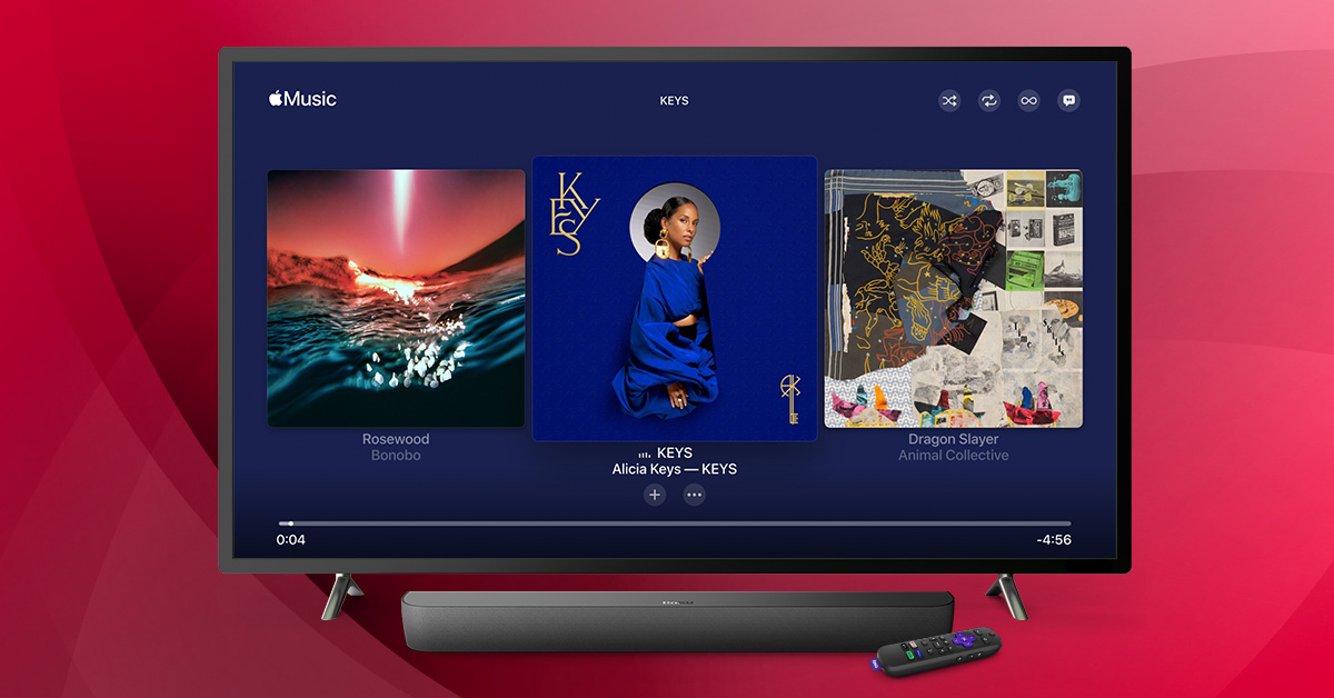Marketing image showcasing the Apple TV music service running on the Roku platform