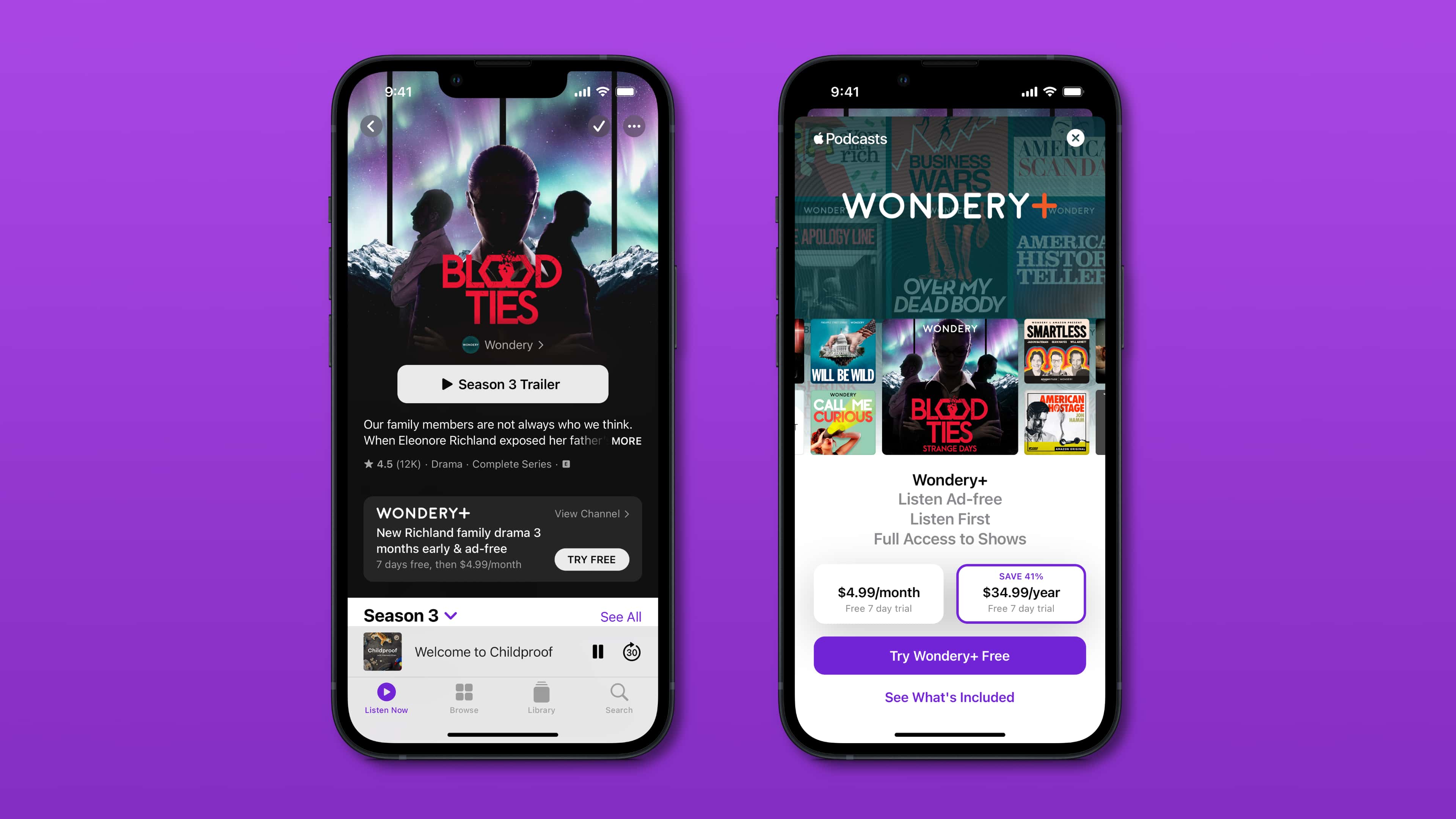 Two device screenshots showcasing tweaked annual subscription plans on Apple Podcasts for iPhone