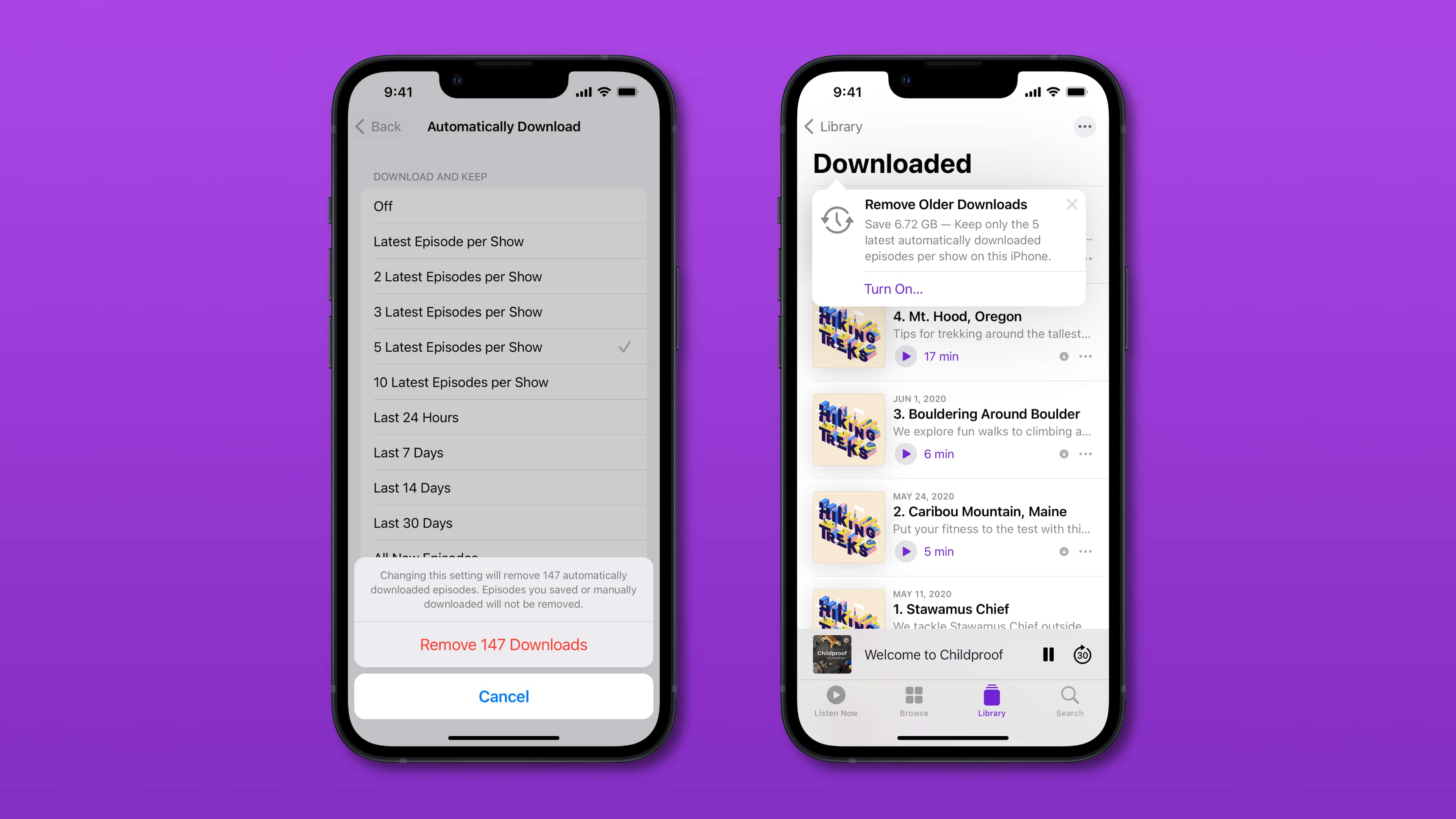Two device screenshots showcasing new storage management tools on Apple Podcasts for iPhone