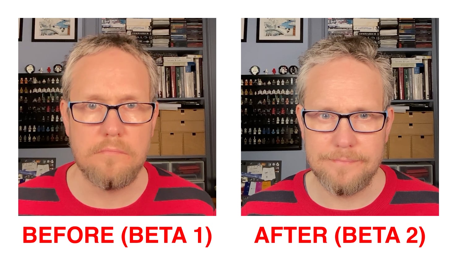 A side-by-side comparison of webcam image quality between Studio Display firmwares