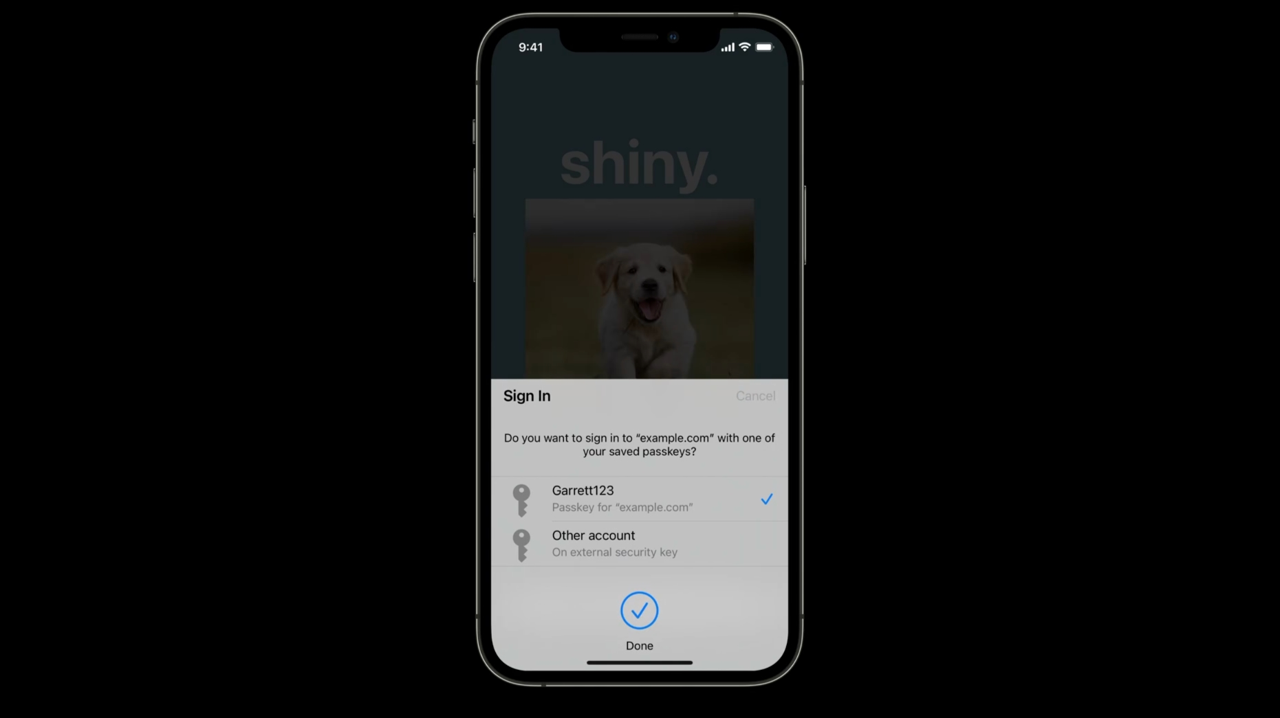 A slide from the WWDC21 session titled "Move beyond passwords" showcasing passkey technology used to sing in to an example app with Face ID on iPhone