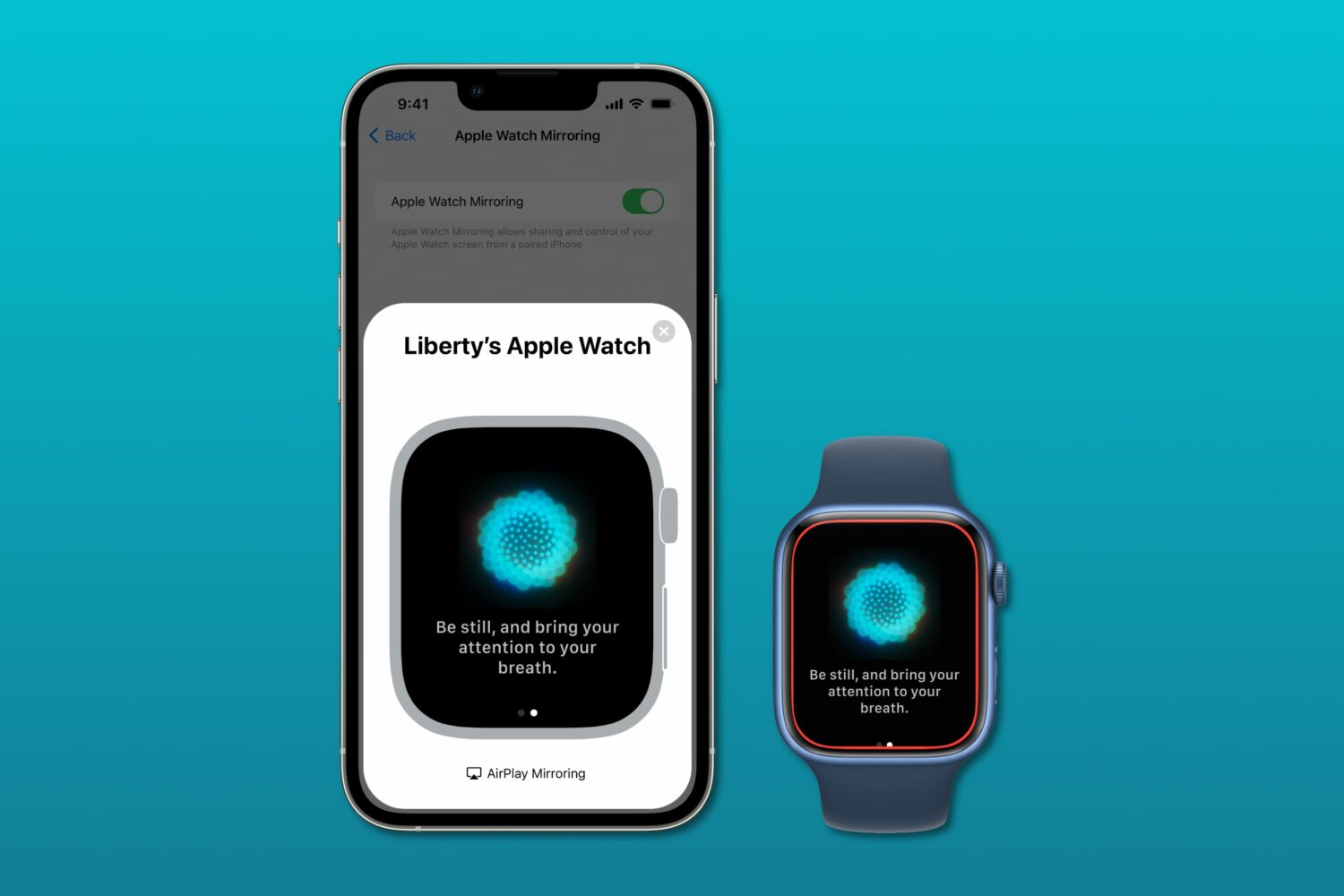 Marketing image showcasing the Apple Watch Mirroring feature for sharing the display of an Apple Watch on an iPhone and controlling the watch fully using touch and assistive technologies on the phone