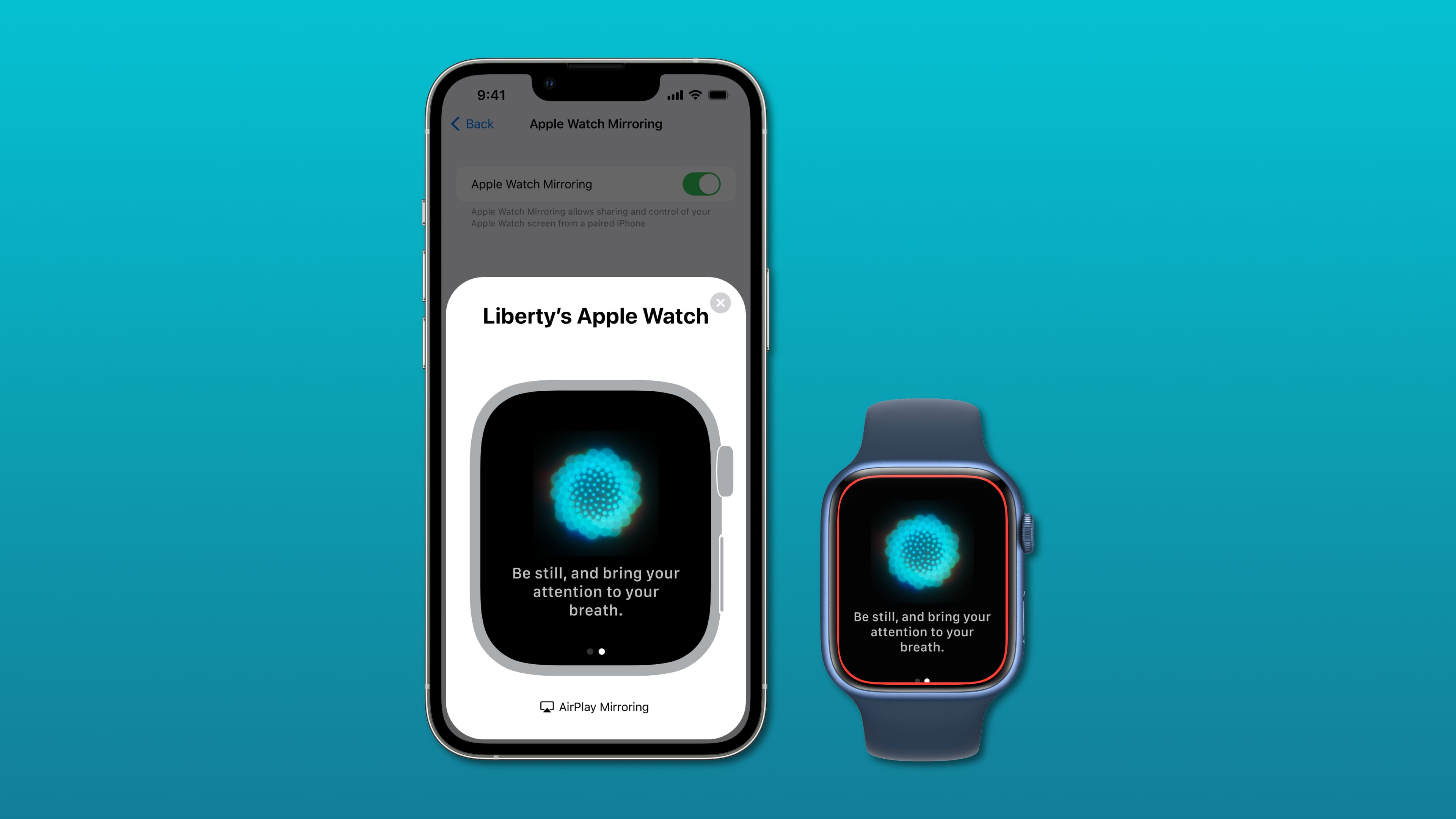 Marketing image showcasing the Apple Watch Mirroring feature for sharing the display of an Apple Watch on an iPhone and controlling the watch fully using touch and assistive technologies on the phone