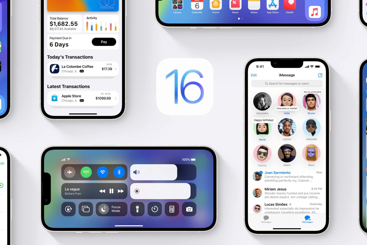 This iOS 16 concept depicts multiple iPhone device screenshots in portrait and landscape orientation showcasing imagined features