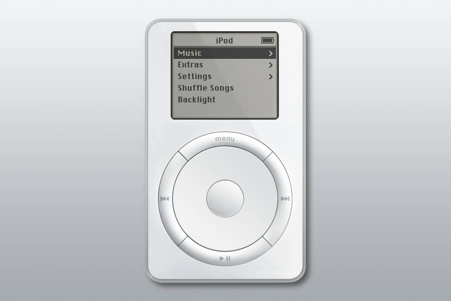 Apple's marketing image showing the front of the original model of the iPod music player, set against a light gray gradient background