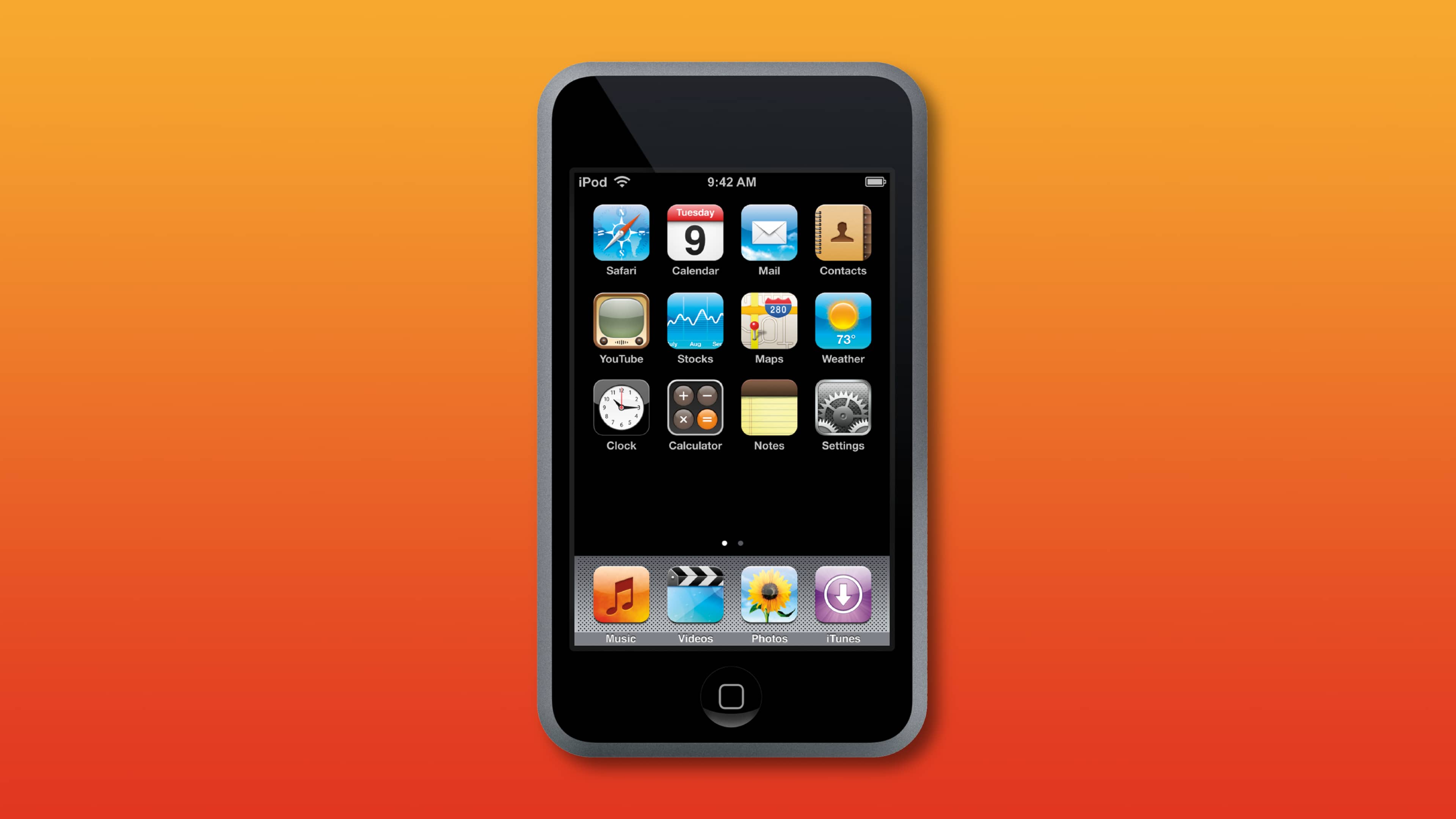 Apple's marketing image showing the front of the iPod music player, the original model released in 2001, set against a colorful gradient background