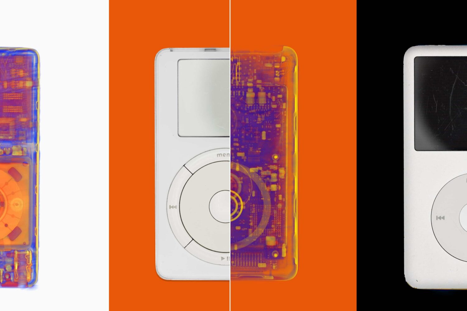 Before vs. after comparison of normal vs. X-ray scans of Apple's original iPod, iPod classic and iPod nano music players
