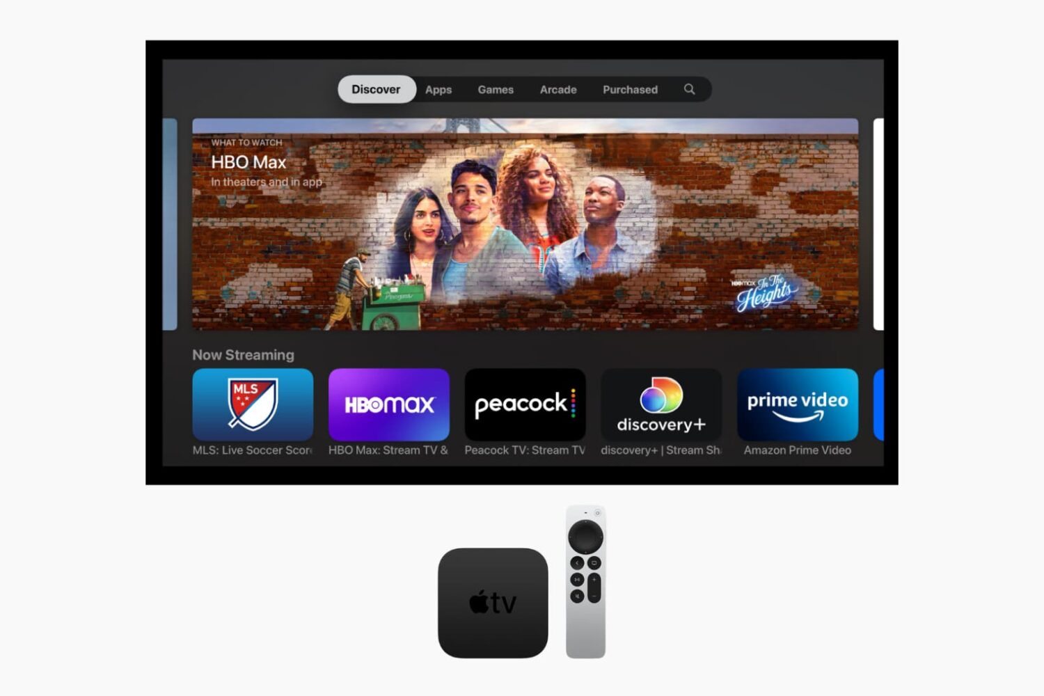 Apps on Apple TV screen with Apple TV box and remote in front of the screen
