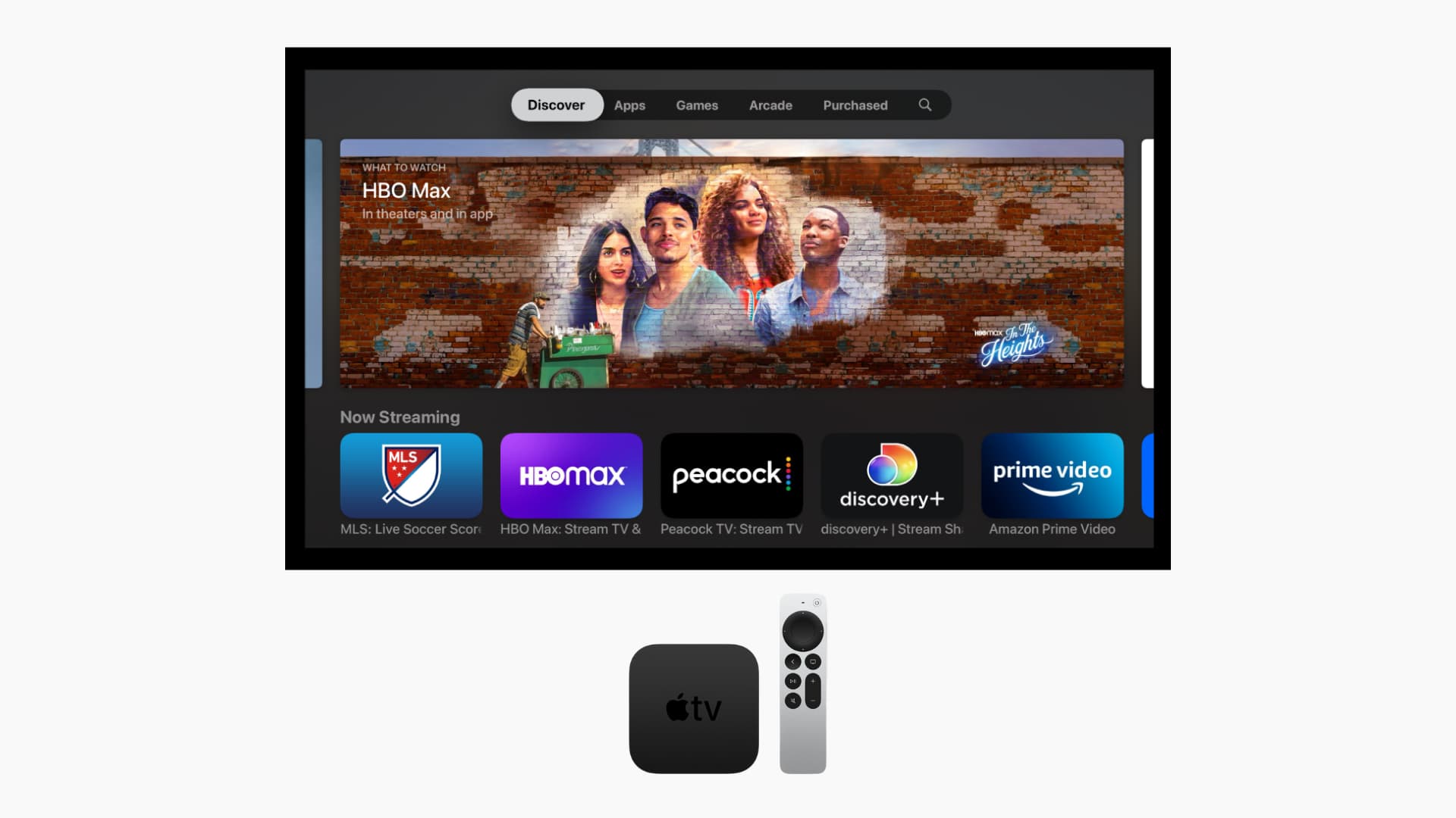 Apps on Apple TV screen with Apple TV box and remote in front of the screen