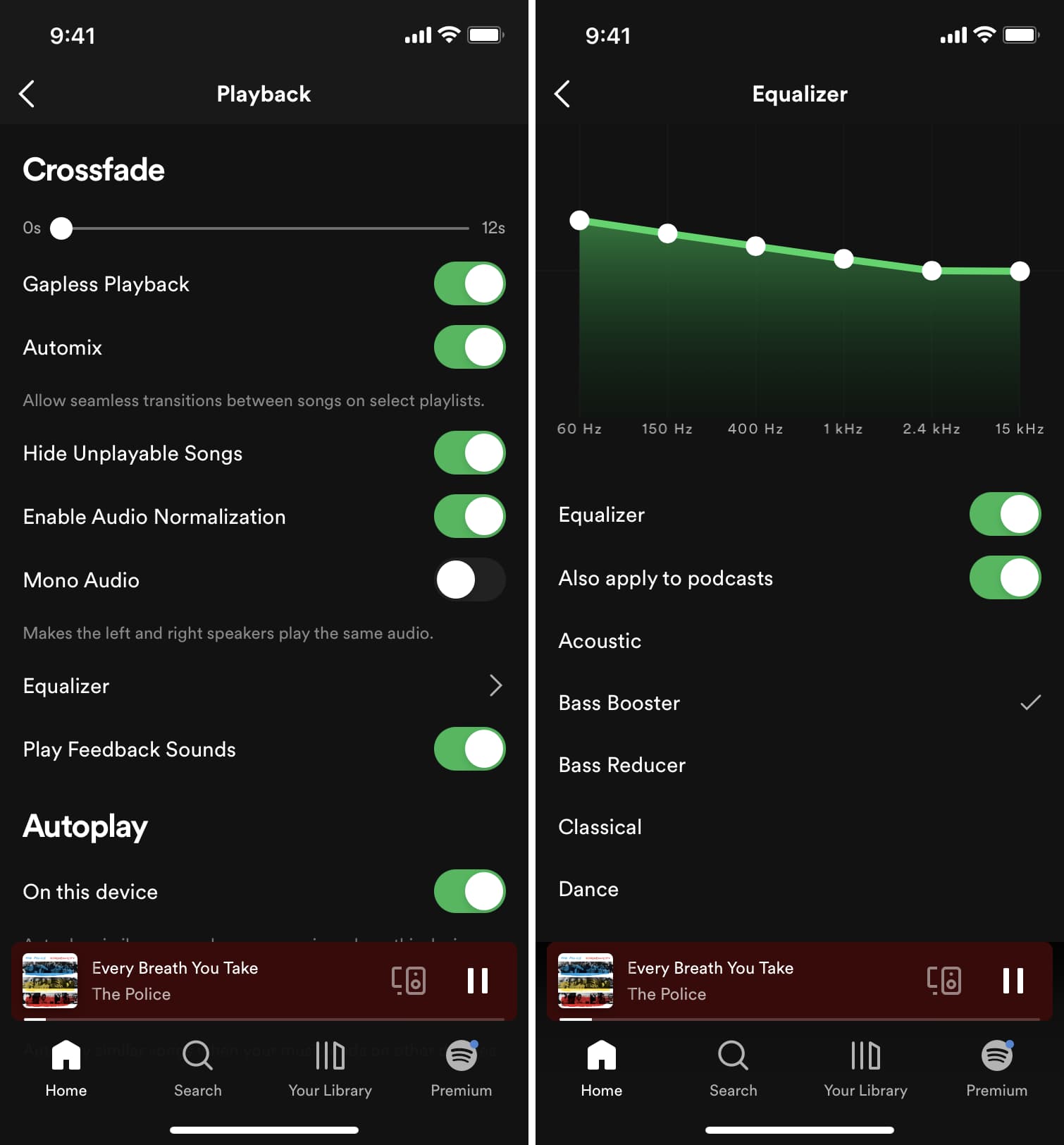 Bass Booster settings in Spotify on iPhone