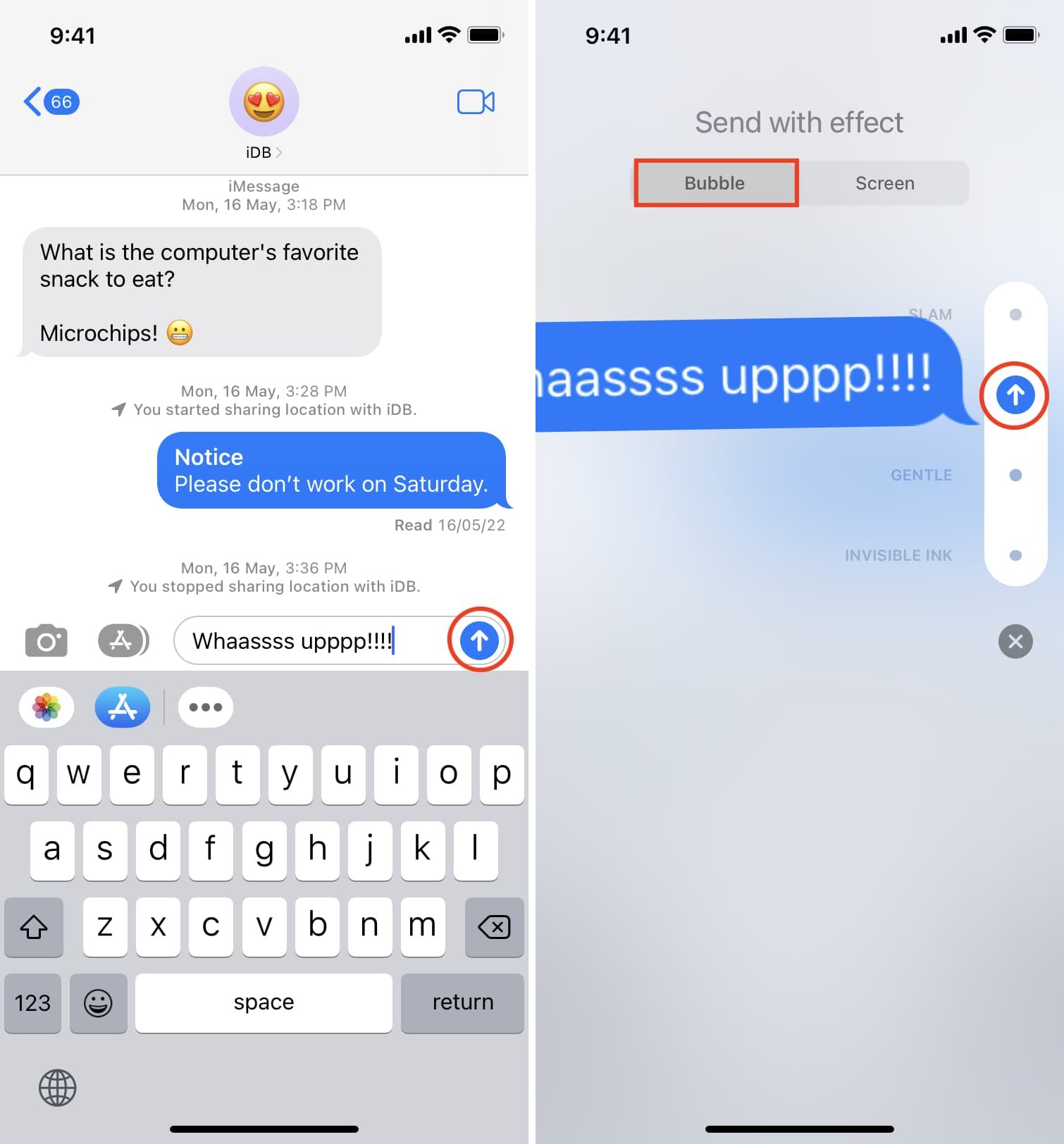 Bubble effects in Messages on iPhone