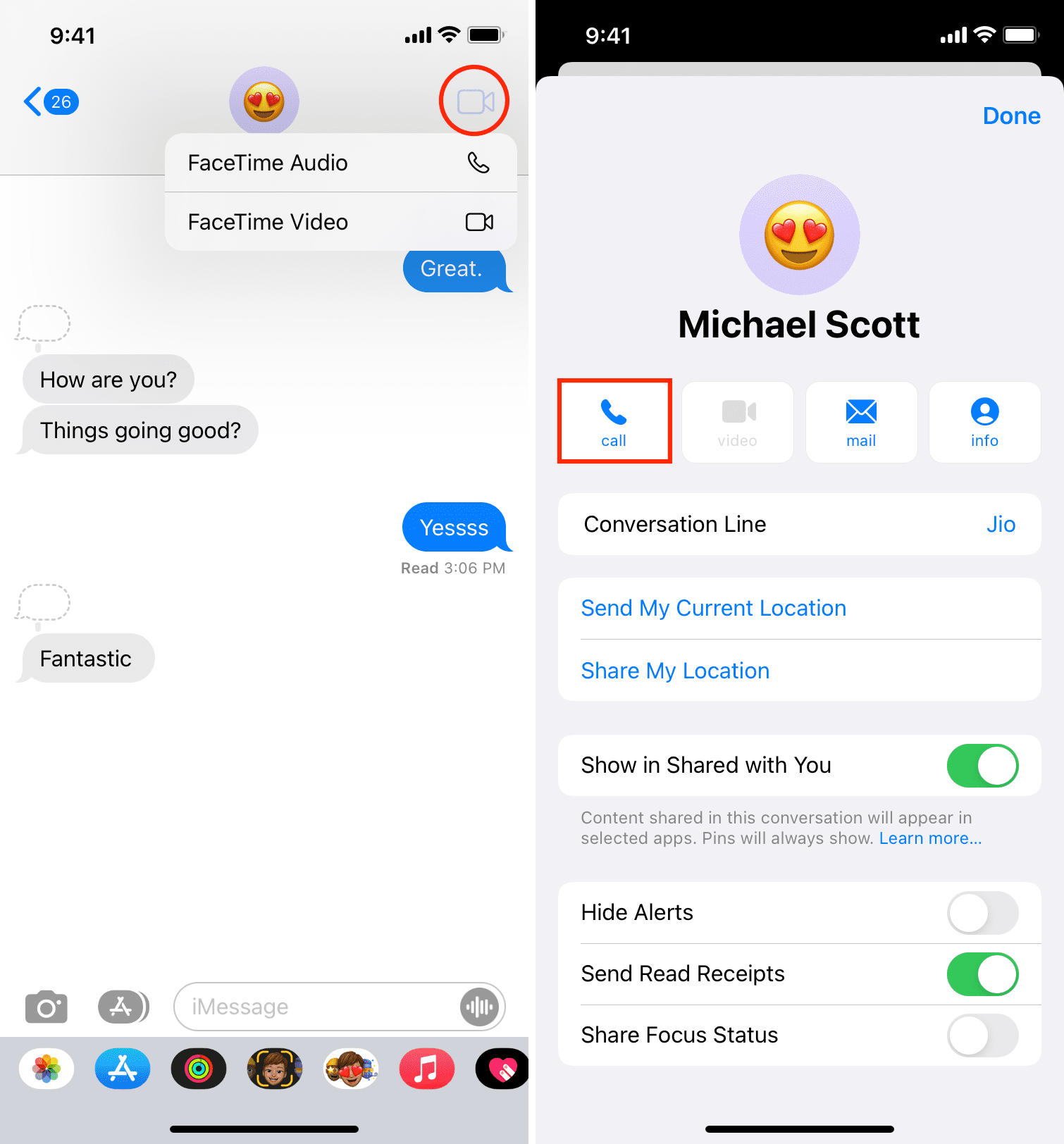 Call from Messages app on iPhone
