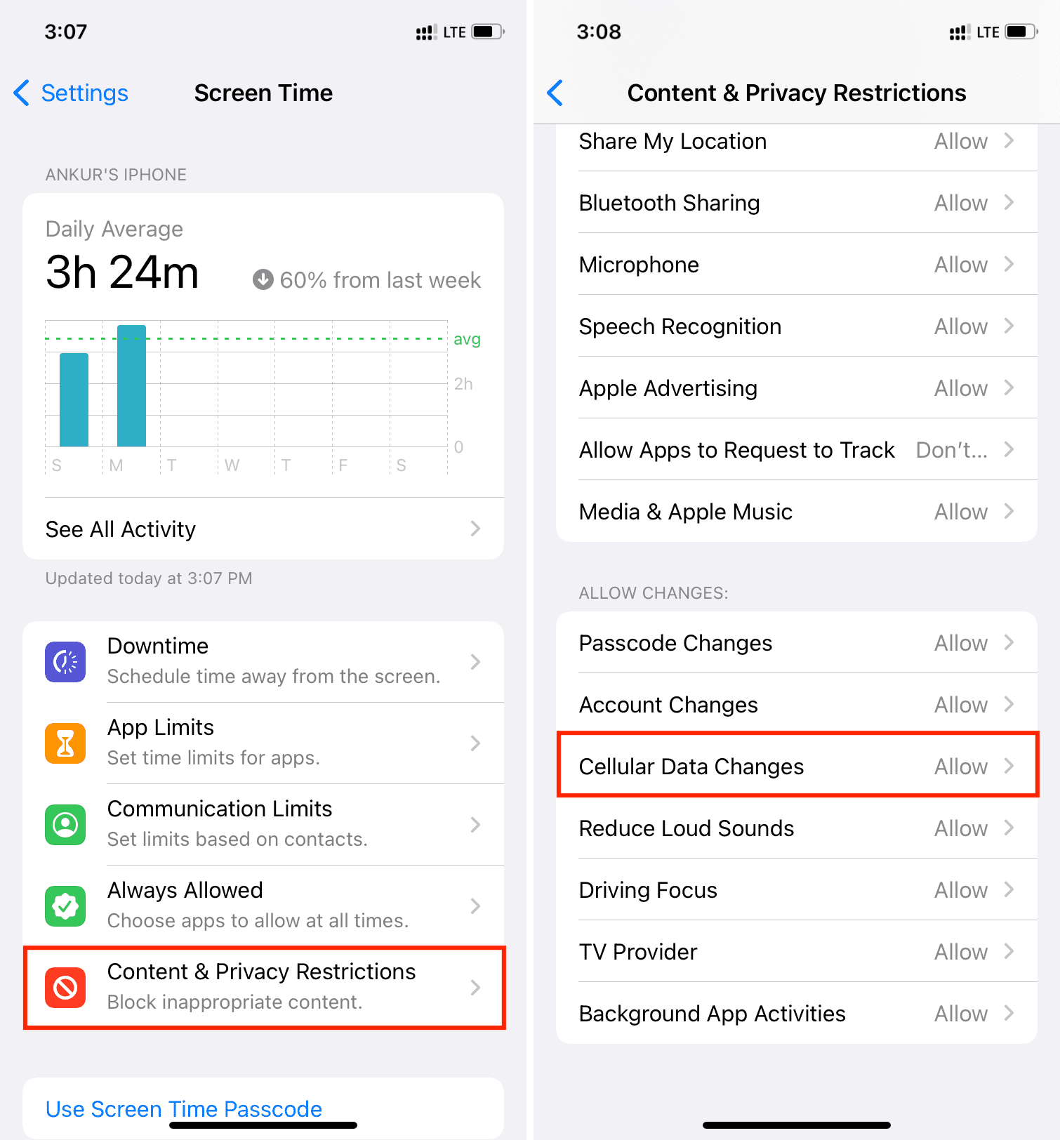 Cellular Data Changes in Screen Time Settings on iPhone