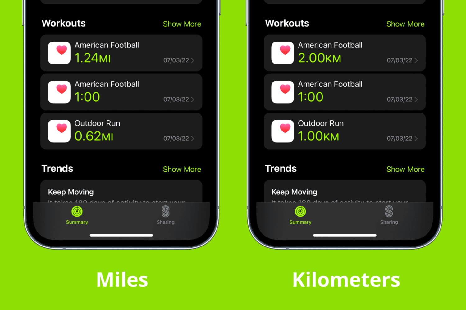 Two iPhone Workout screens showing units of measurement in miles and kilometers