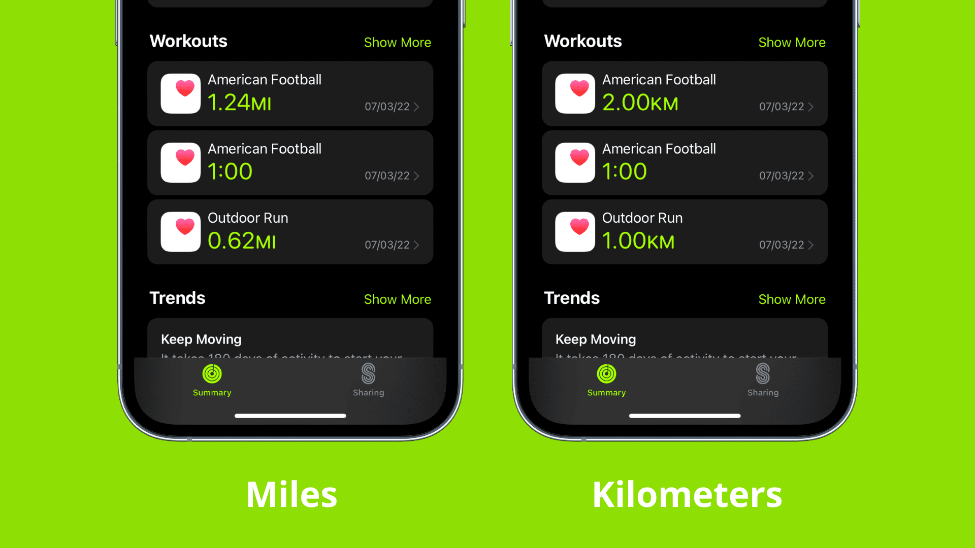 Two iPhone Workout screens showing unit of measurement in miles and kilometers