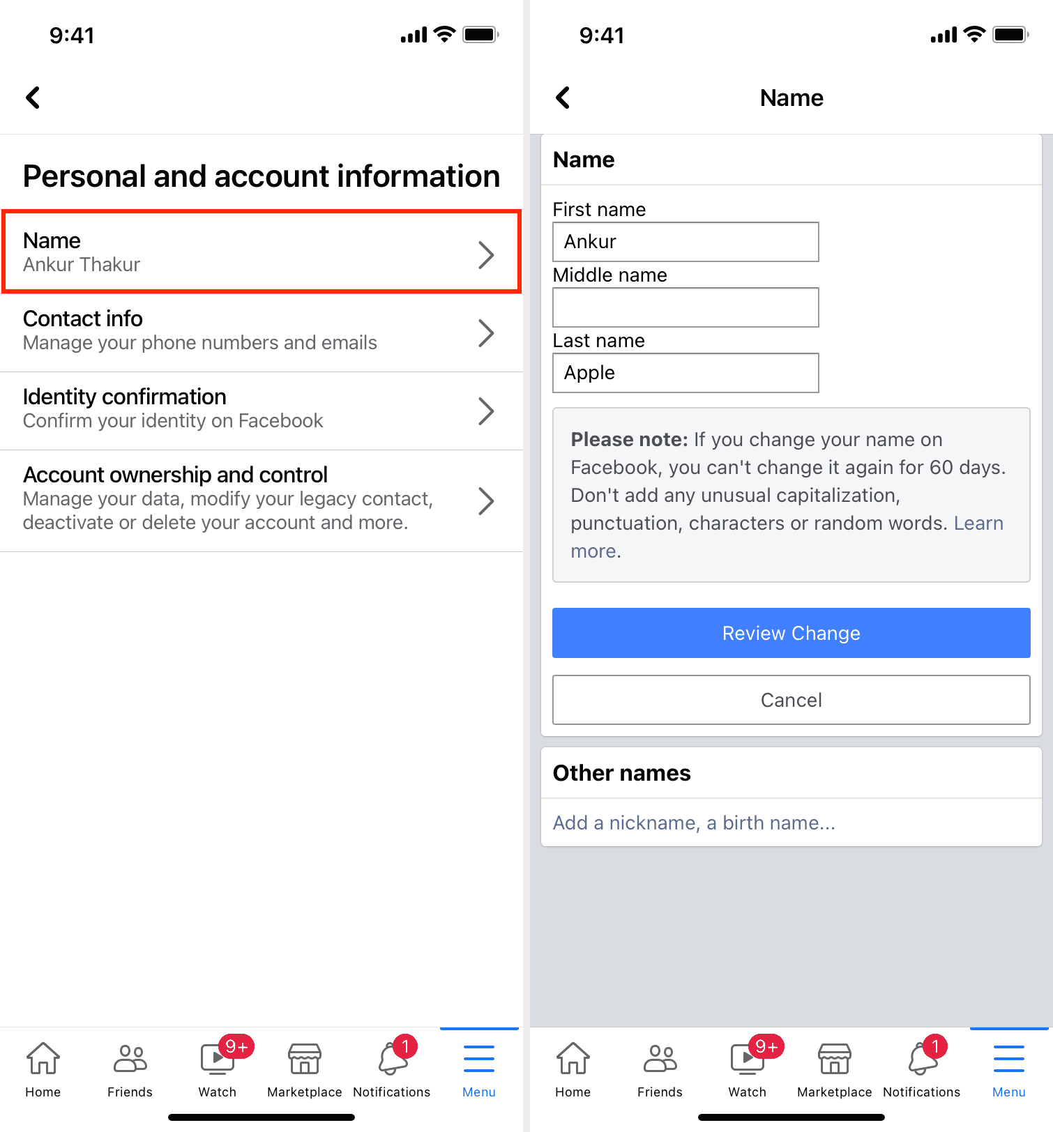 Change name in Facebook on iPhone