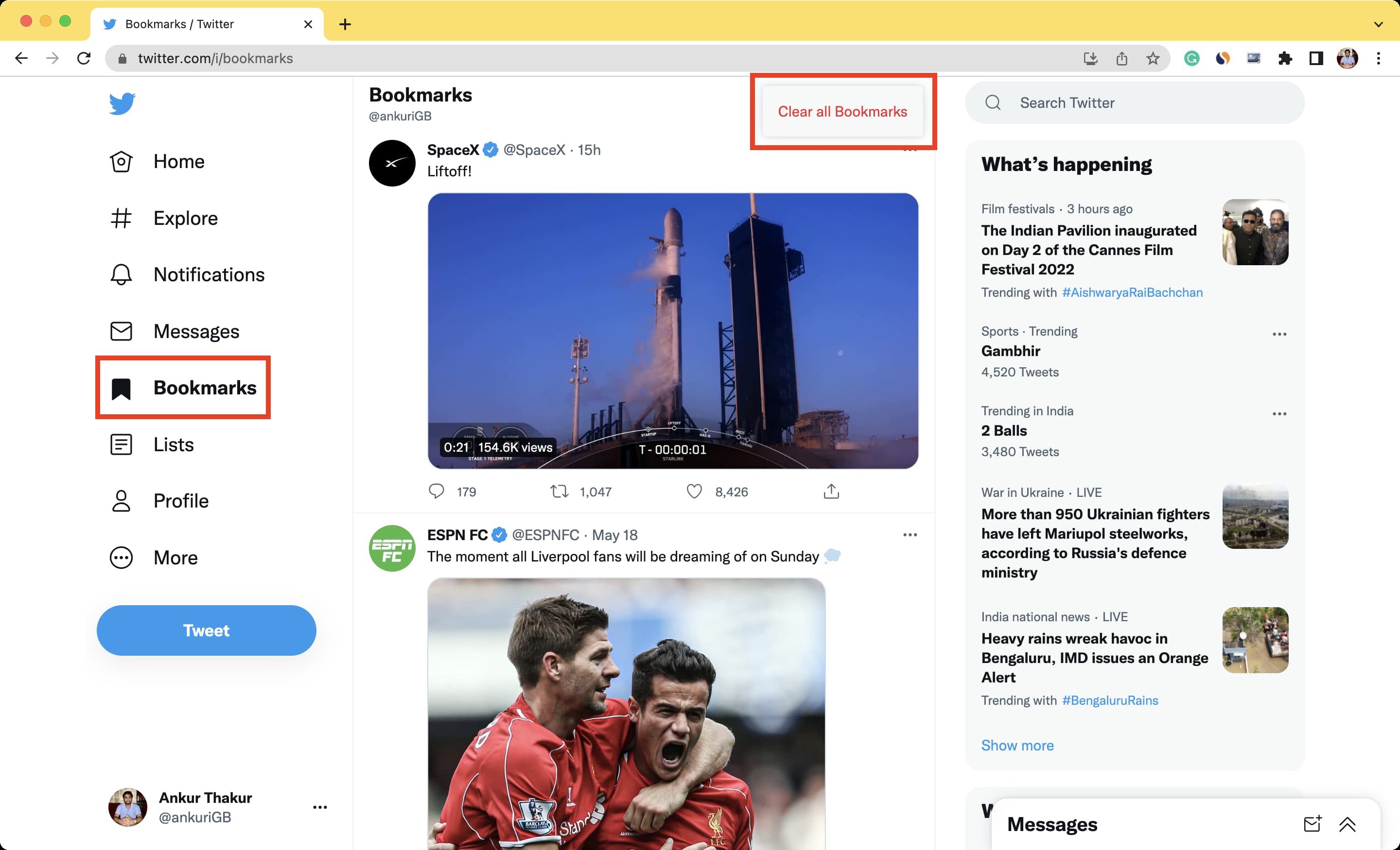 Clear all Twitter bookmarks in one go using a computer