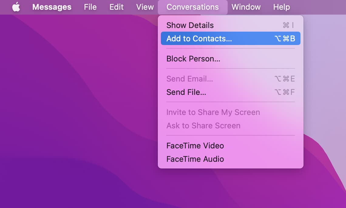 Conversations Add to Contacts on Mac