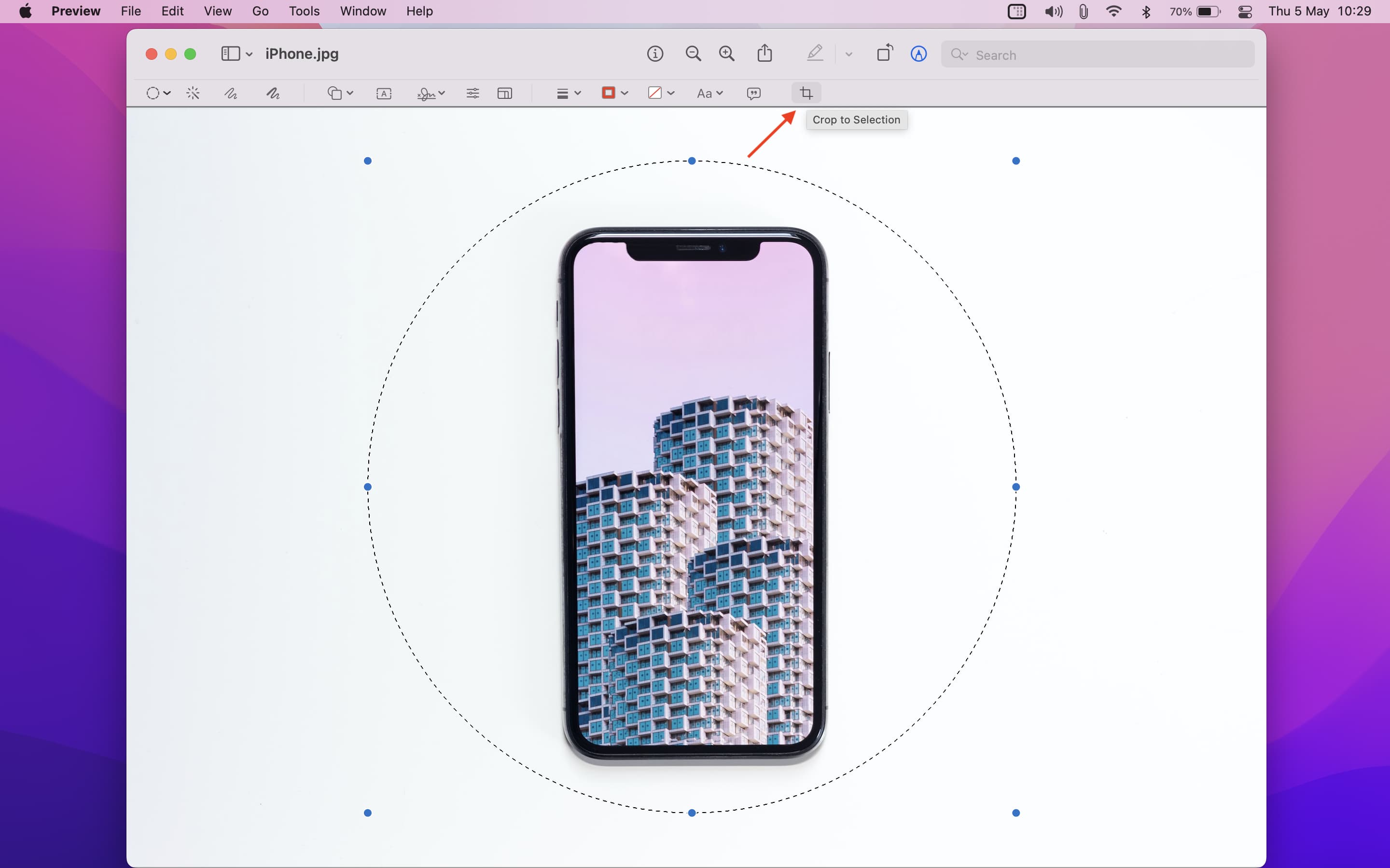Crop to Selection tool in Preview on Mac