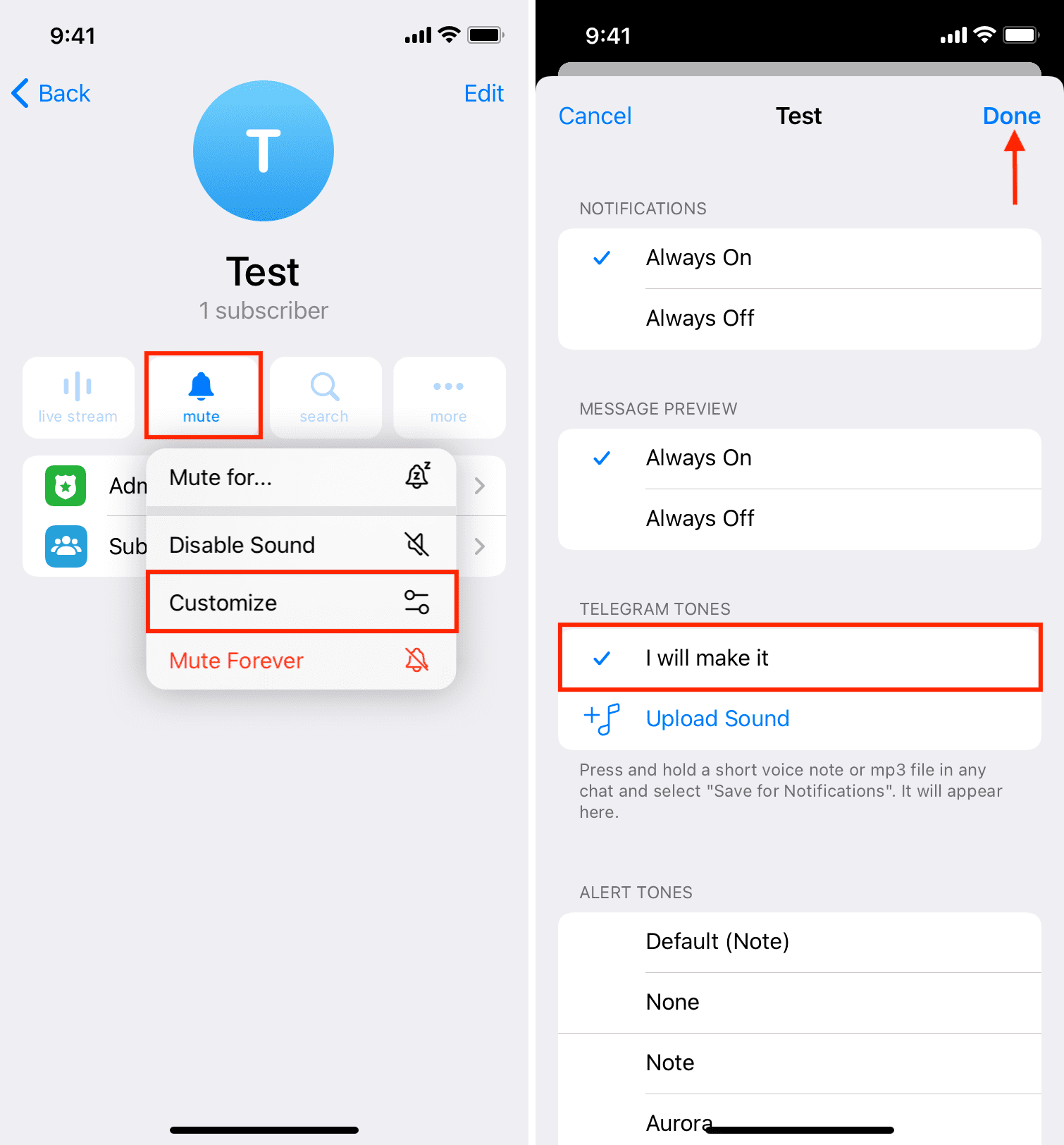 Customize tone for individual contact on Telegram iPhone