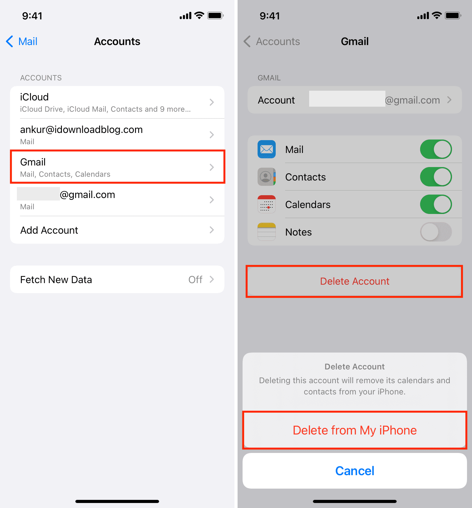Delete from My iPhone for Google in iPhone settings