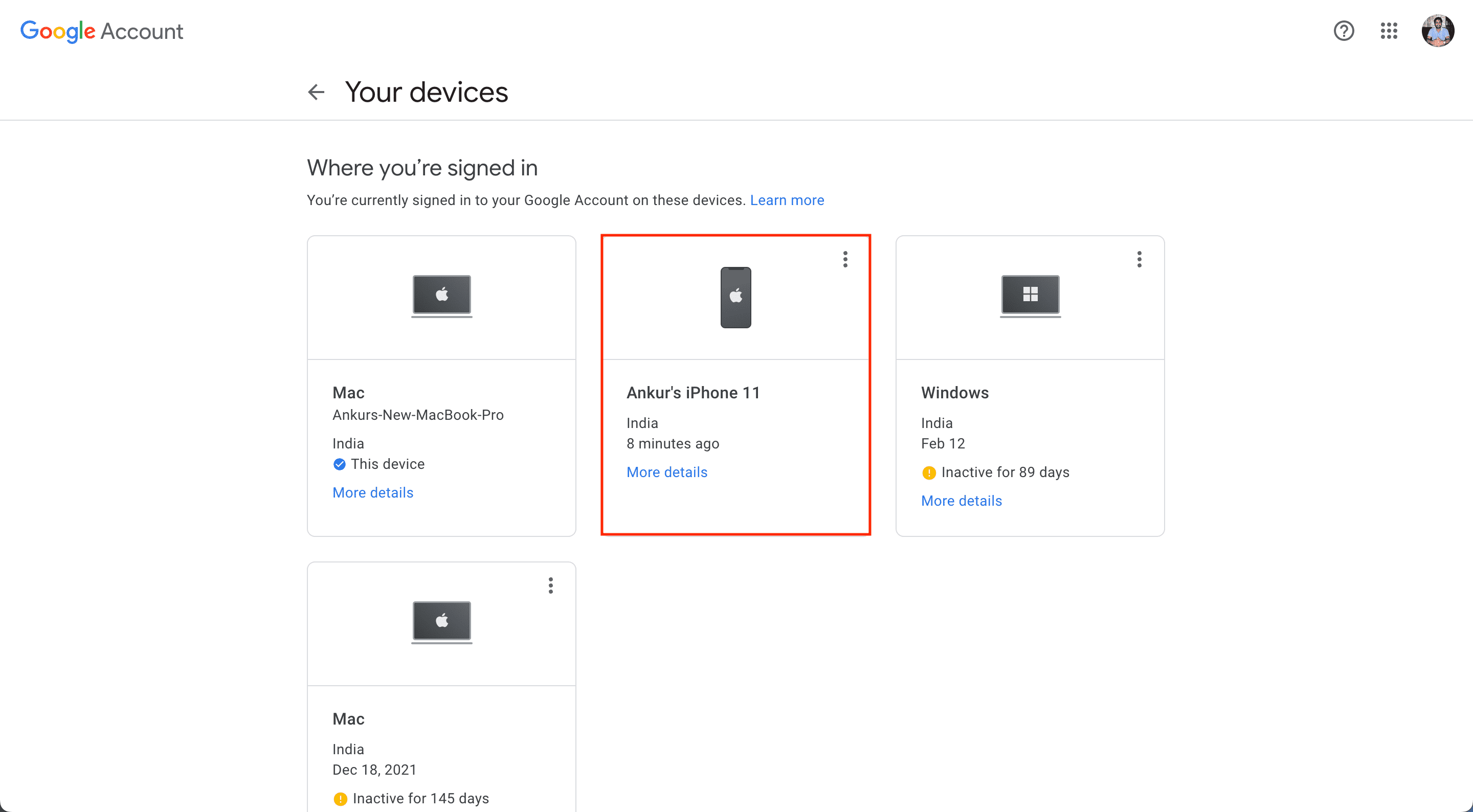 Devices where you're signed in to your Google account