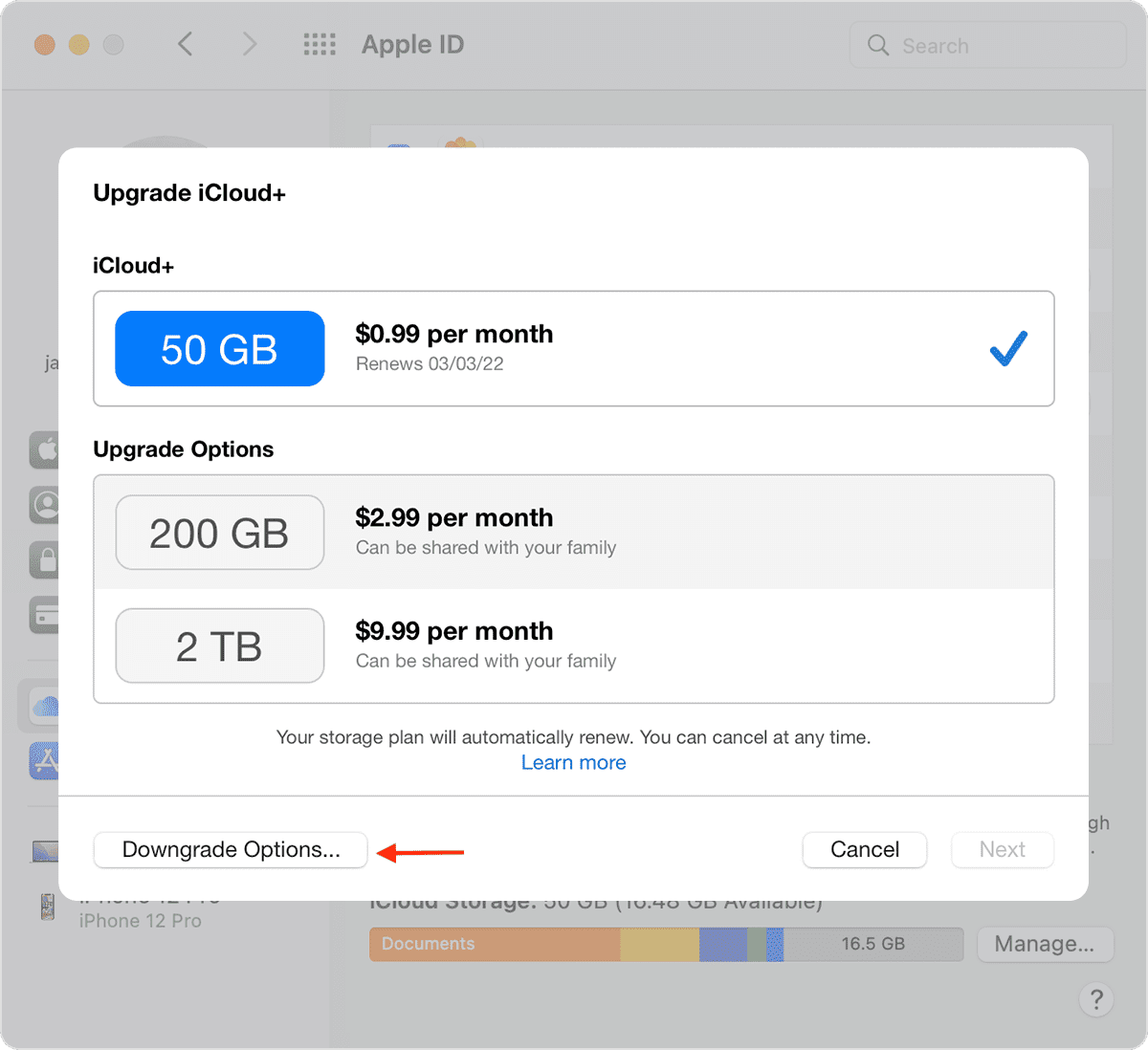 Downgrade options for iCloud on Mac
