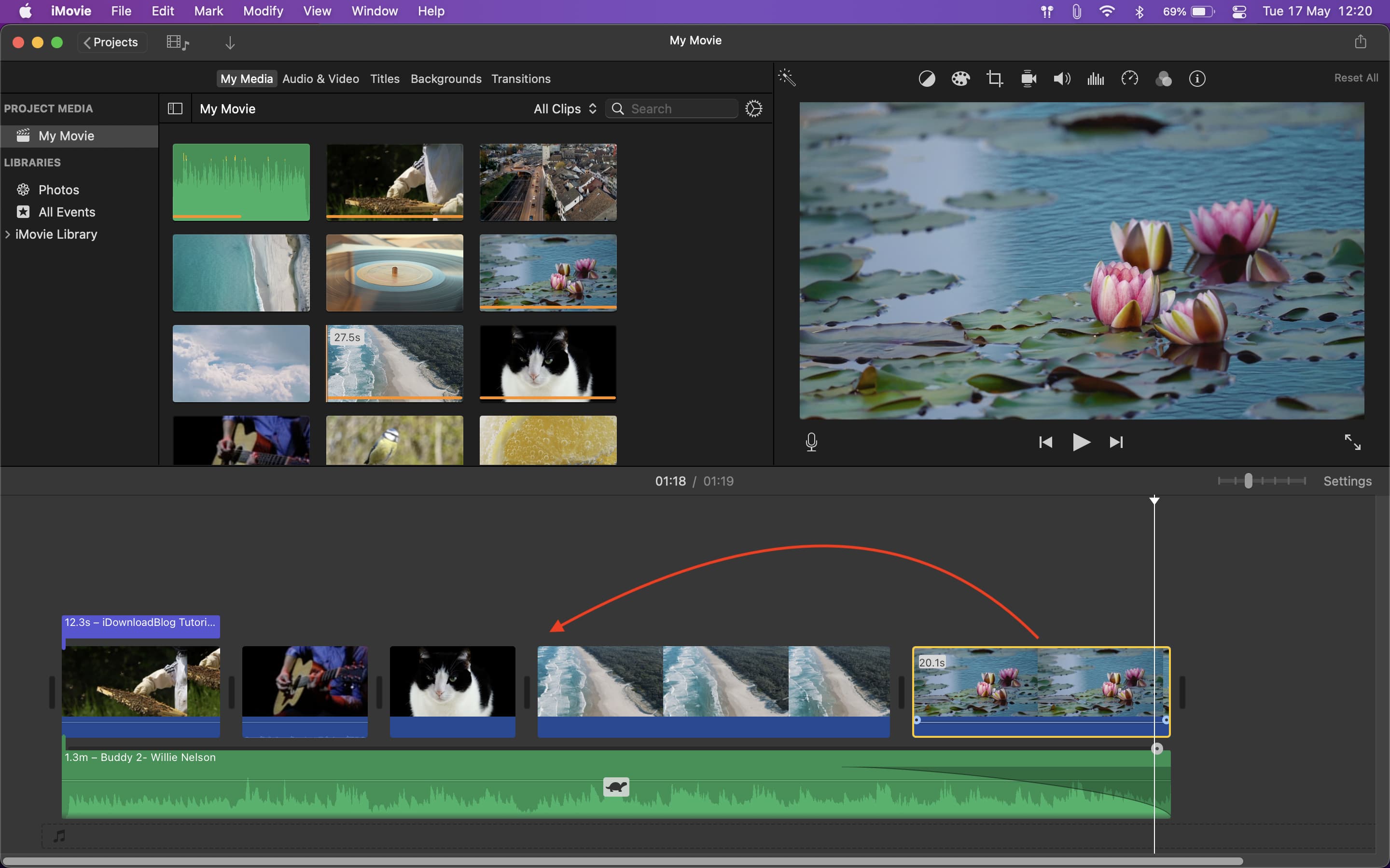 Drag Picture in Picture clip over another clip in iMovie on Mac