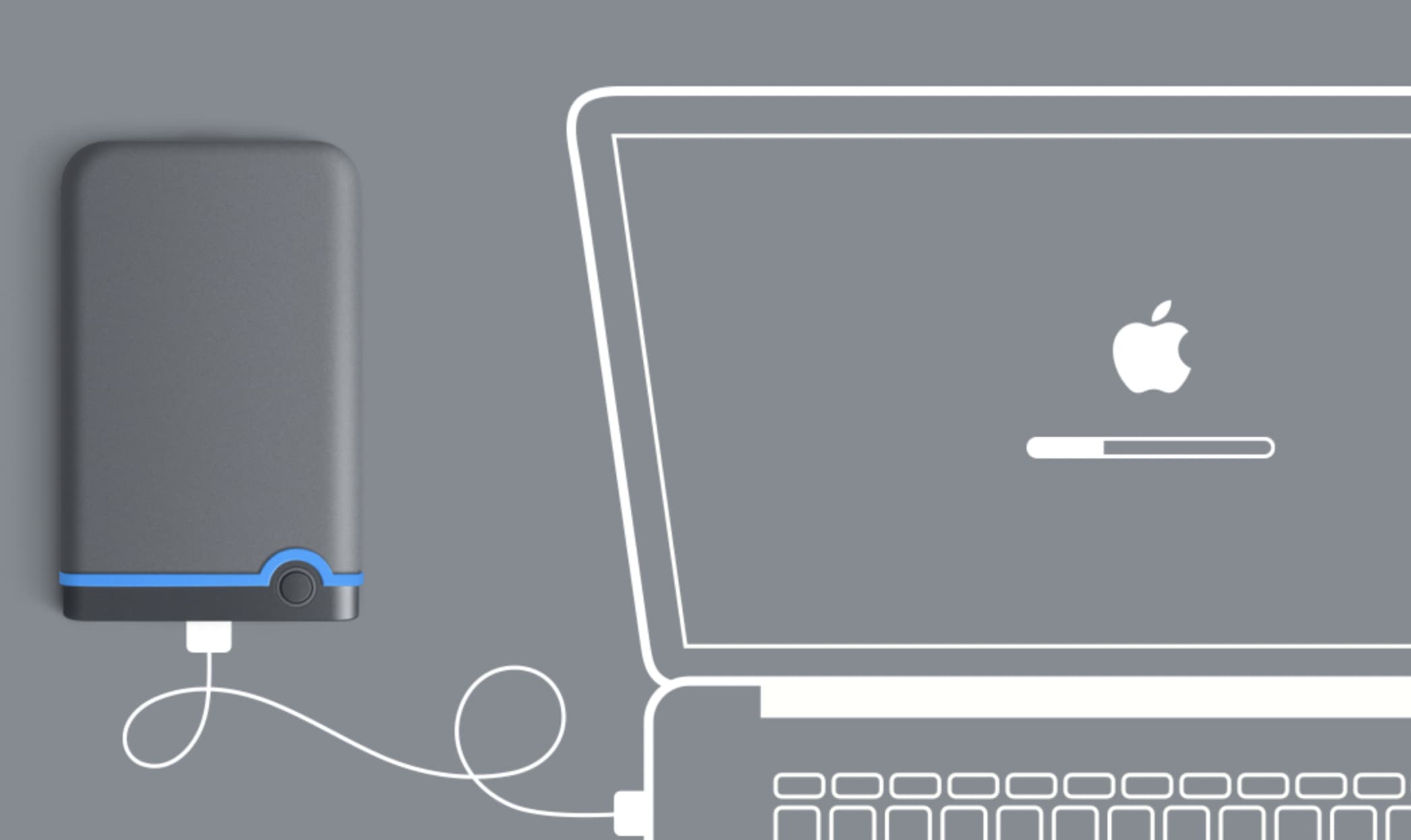 An illustration showing an external drive connected to MacBook