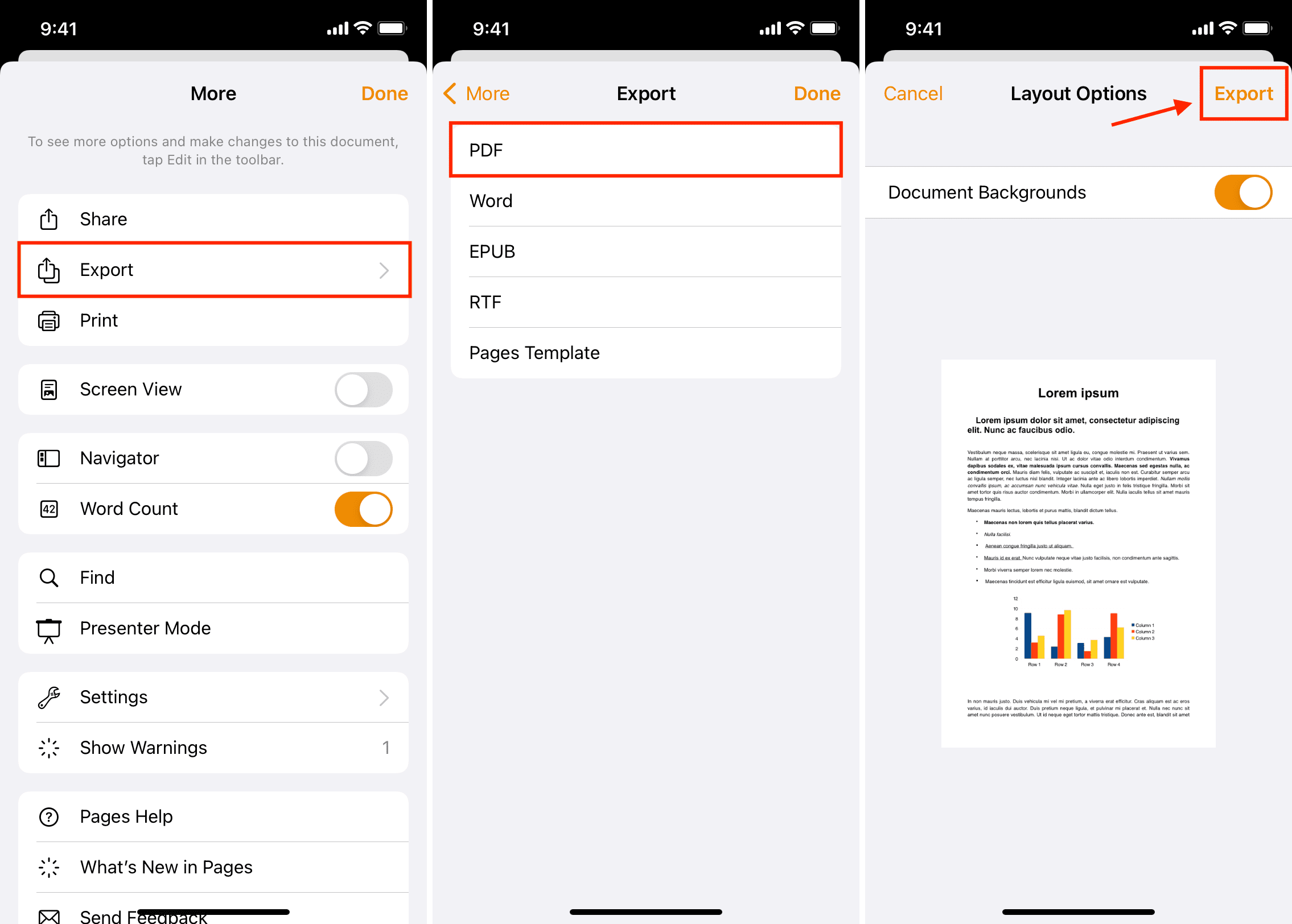 Export Word as PDF using Pages on iPhone
