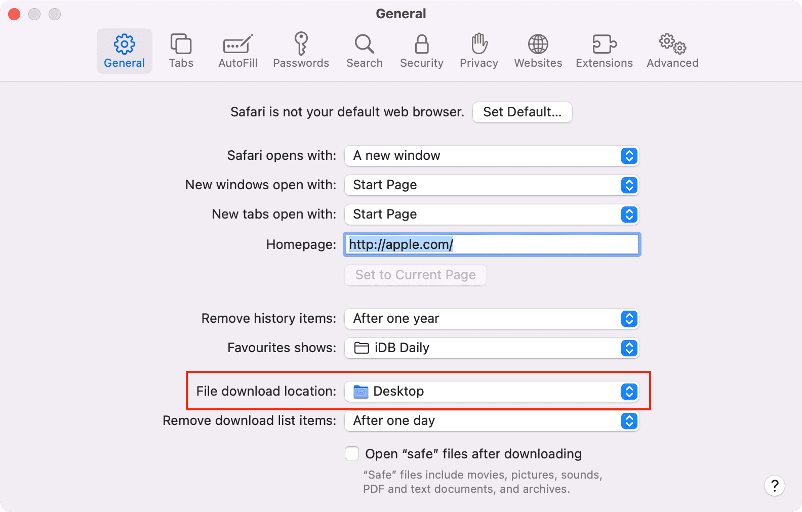 File download location in Safari on Mac
