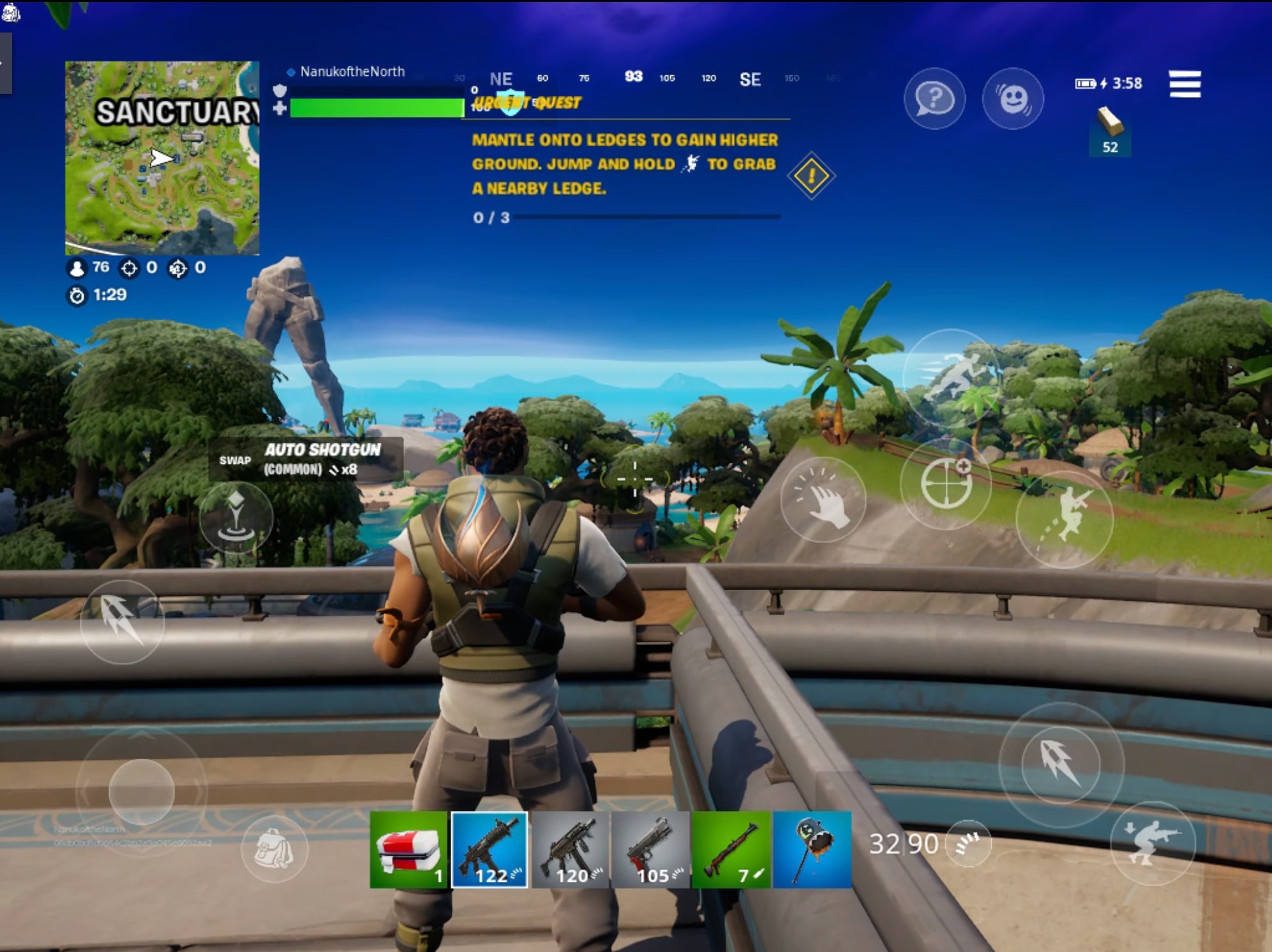 A screenshots showing a touch-optimized mobile version of Fortnite from Epic Games running on Nvidia's GeForce Now service