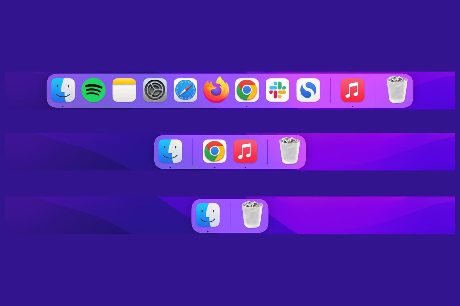 Mac Dock in three sizes with first image showing all apps, second one showing just open apps, and the last one showing only Finder and Trash icons