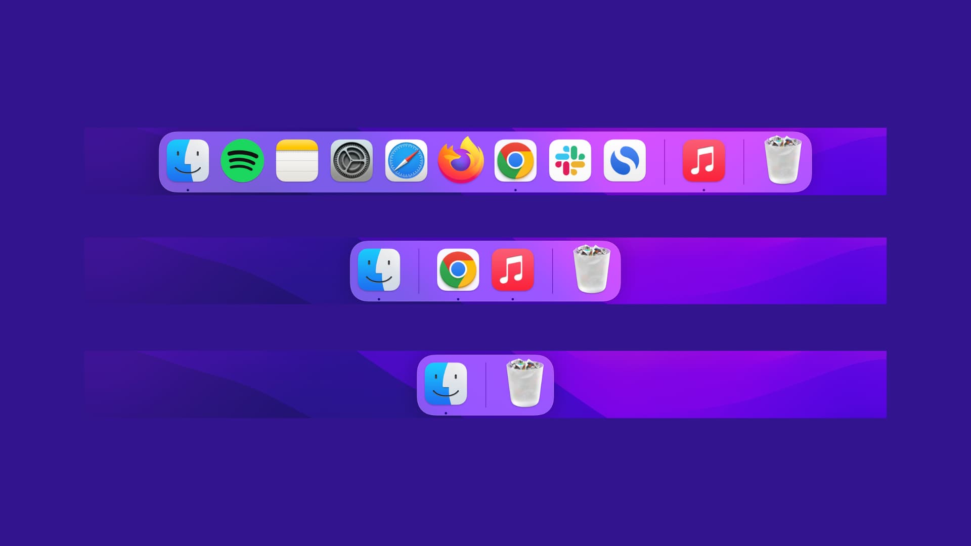 Mac Dock in three sizes with first image showing all apps, second one showing just open apps, and the last one showing only Finder and Trash icons