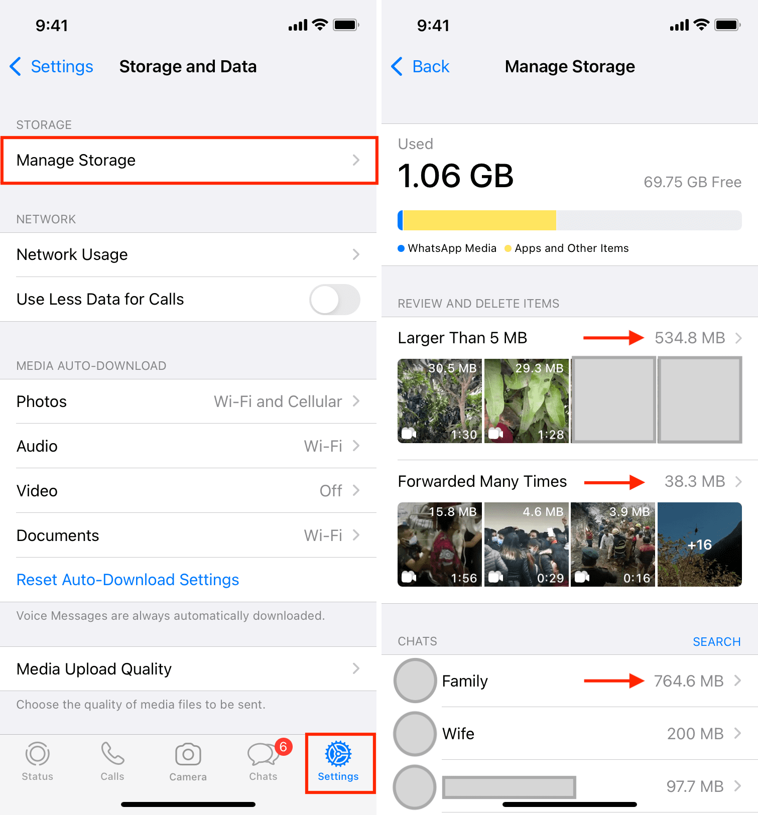 Manage Storage to delete old WhatsApp photos and videos on iPhone