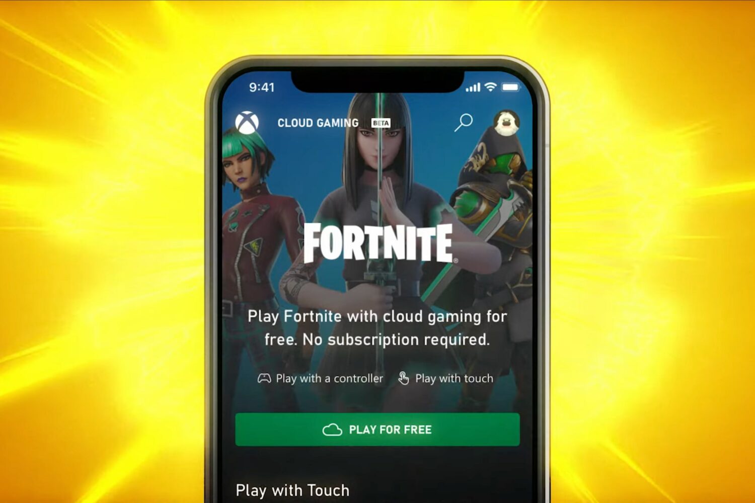 Marketing image showcasing the Fortnite page in Microsoft's Xbox Cloud Gaming service on iPhone