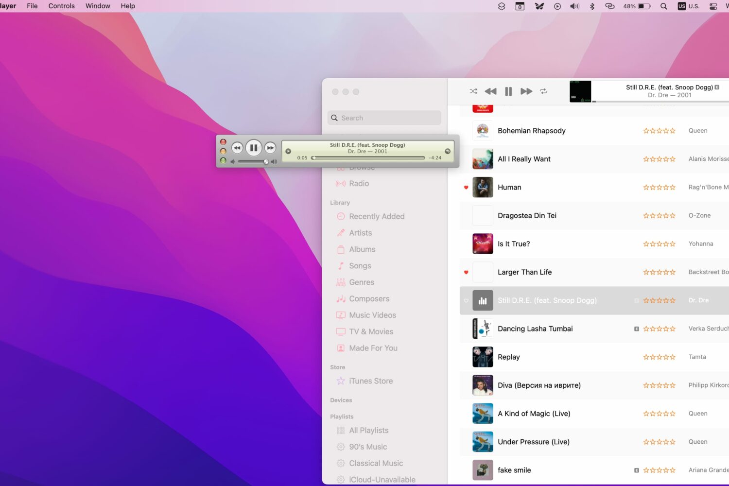 The Music MiniPlayer app by Mario Guzman is showcased in this screenshot. Use this app to control Apple Music on any modern macOS version with a pixel-perfect replica of the iTunes minimalist mini-player.