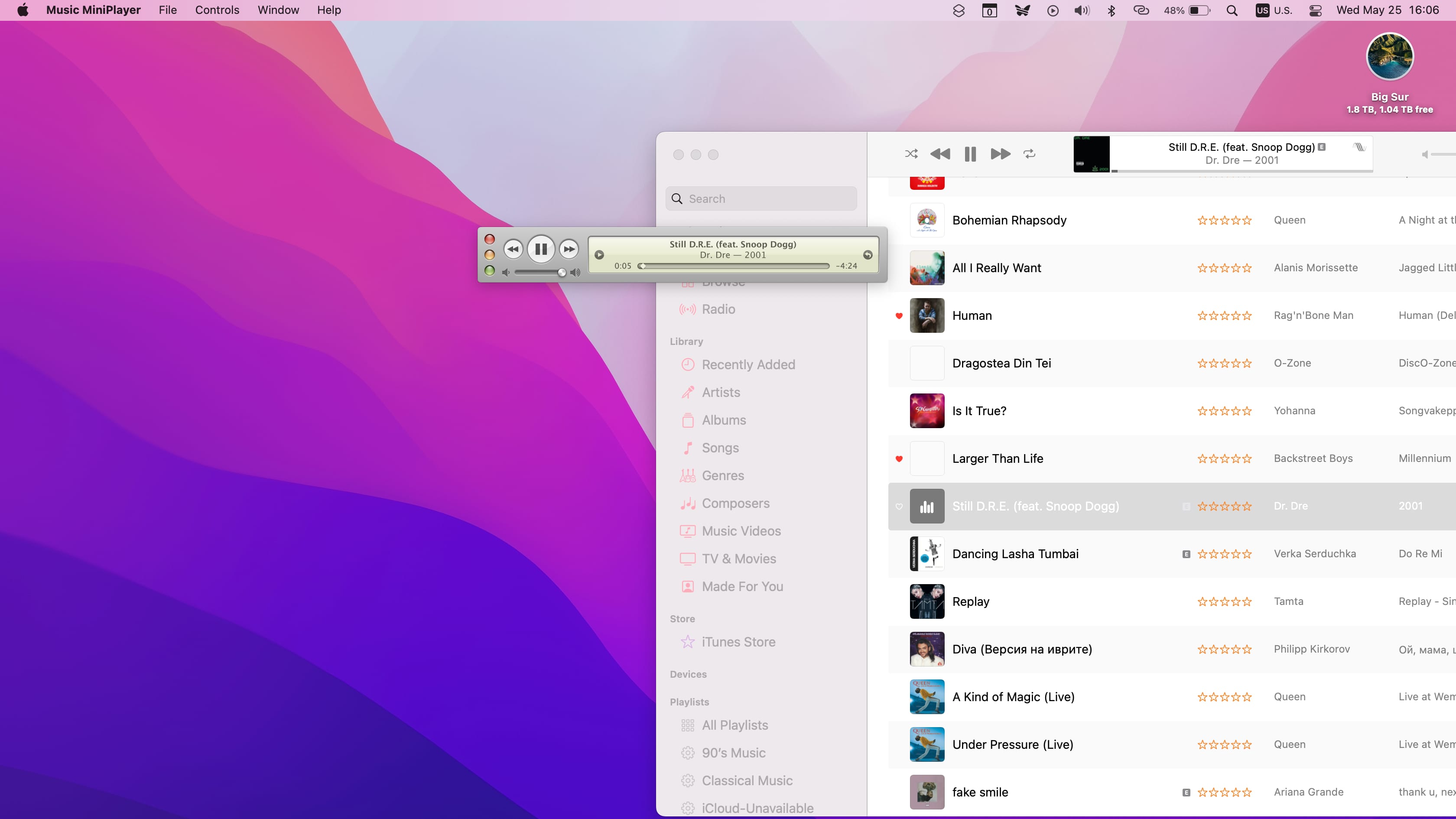 The Music MiniPlayer app by Mario Guzman is showcased in this screenshot. Use this app to control Apple Music on any modern macOS version with a pixel-perfect replica of the iTunes minimalist mini-player.