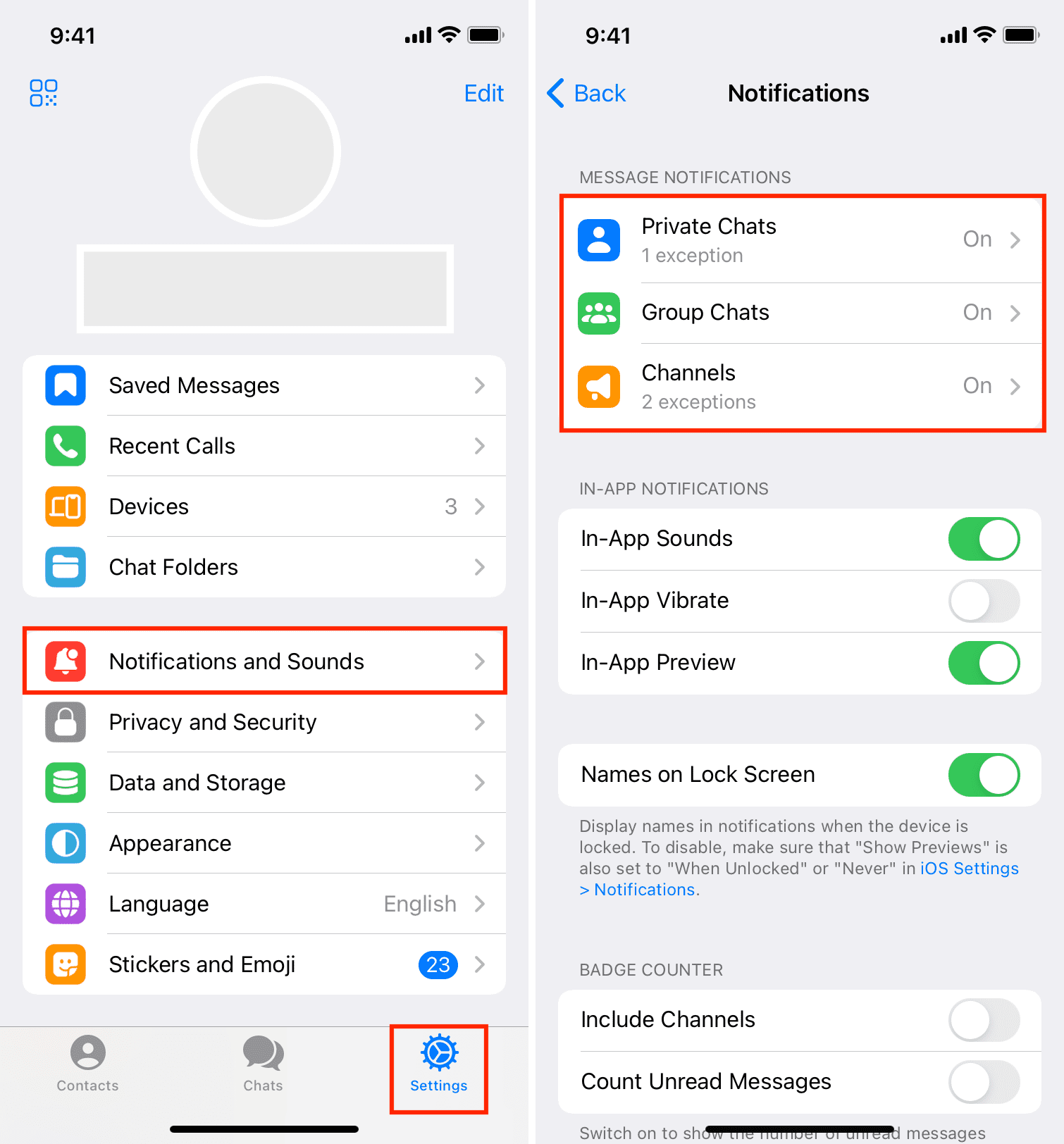 Notifications and Sounds settings Telegram iPhone