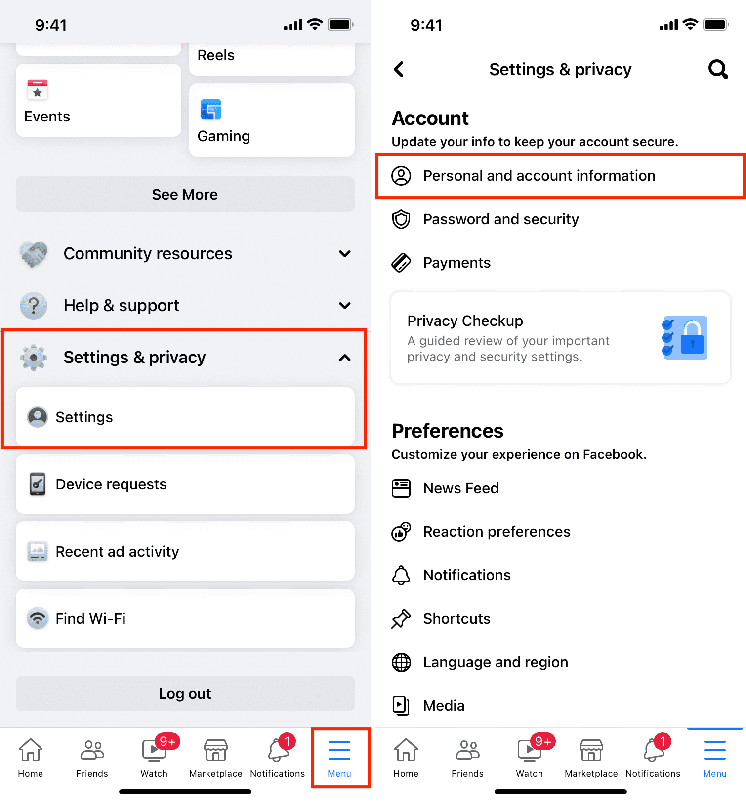Personal and account information in Facebook settings