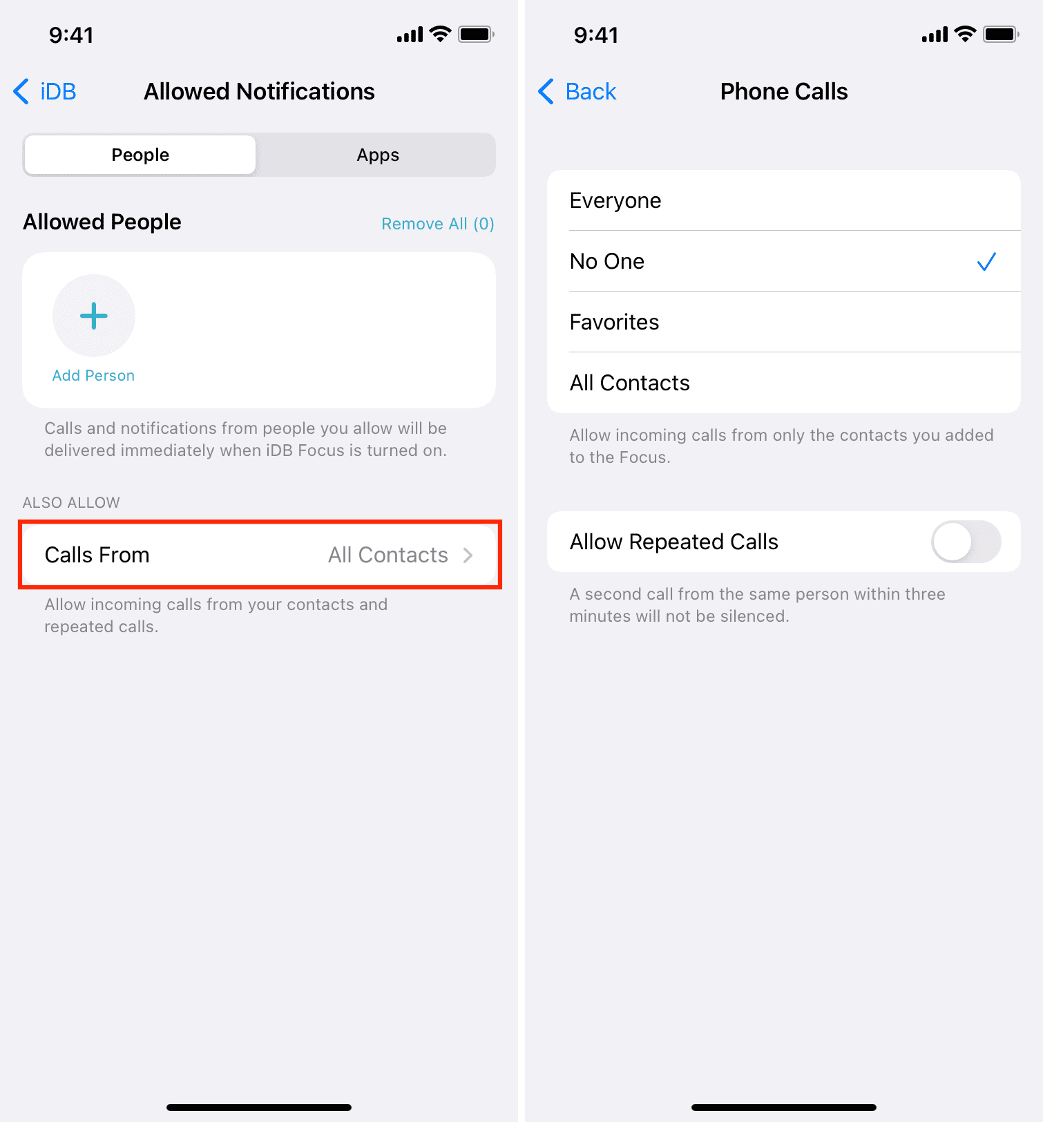 Phone Calls settings in iPhone Focus settings