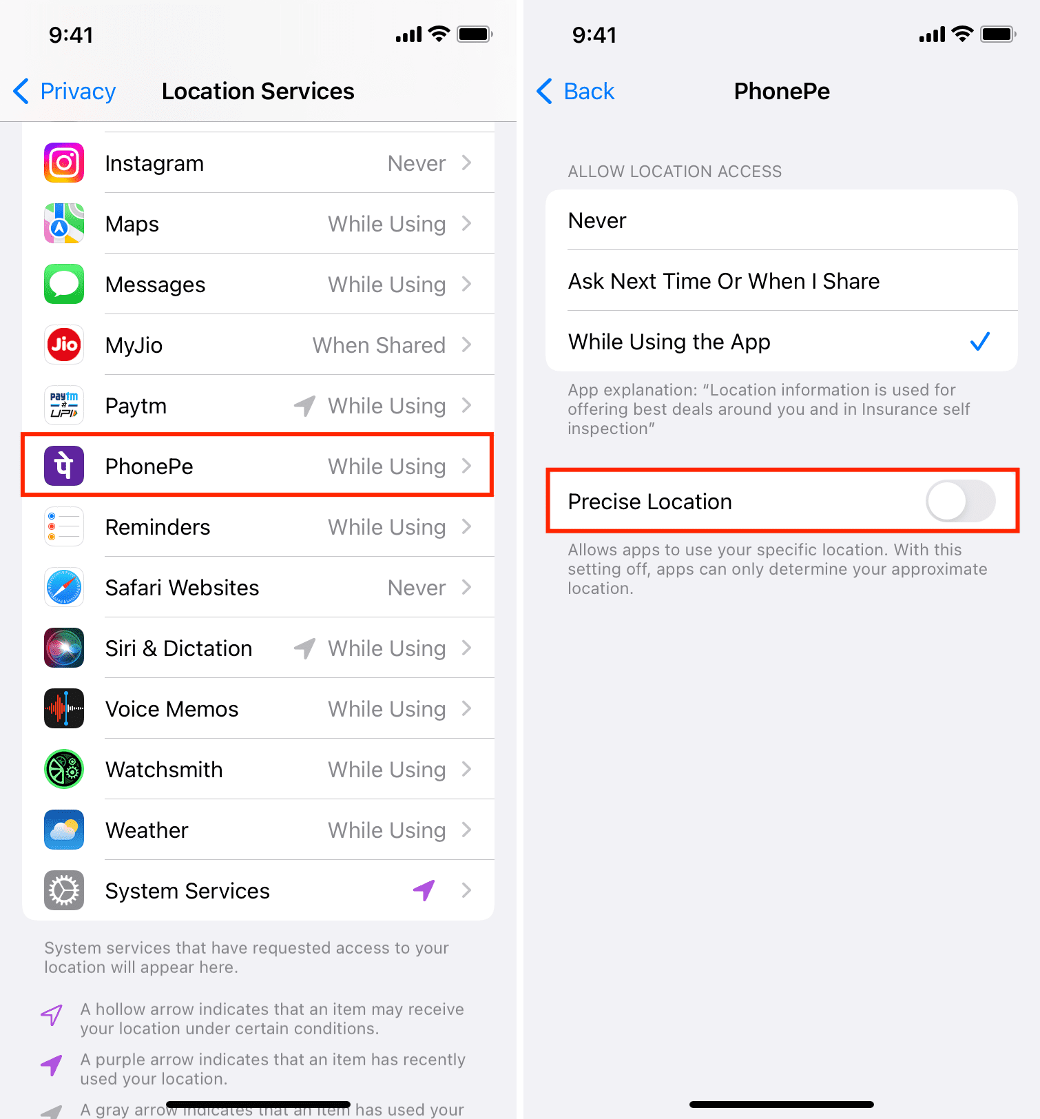 Precise Location in iPhone Settings