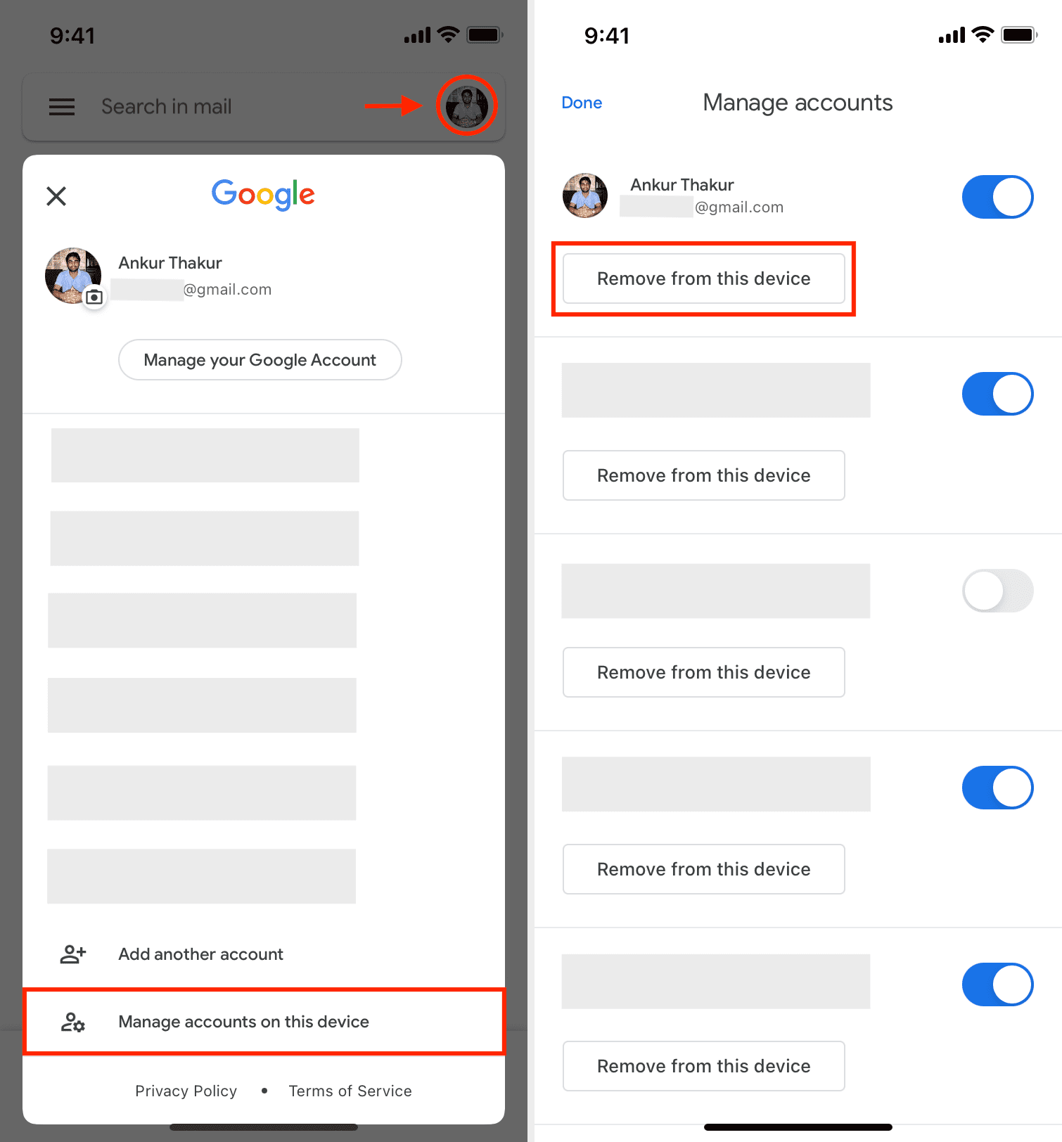 Remove from this device option in Gmail on iPhone